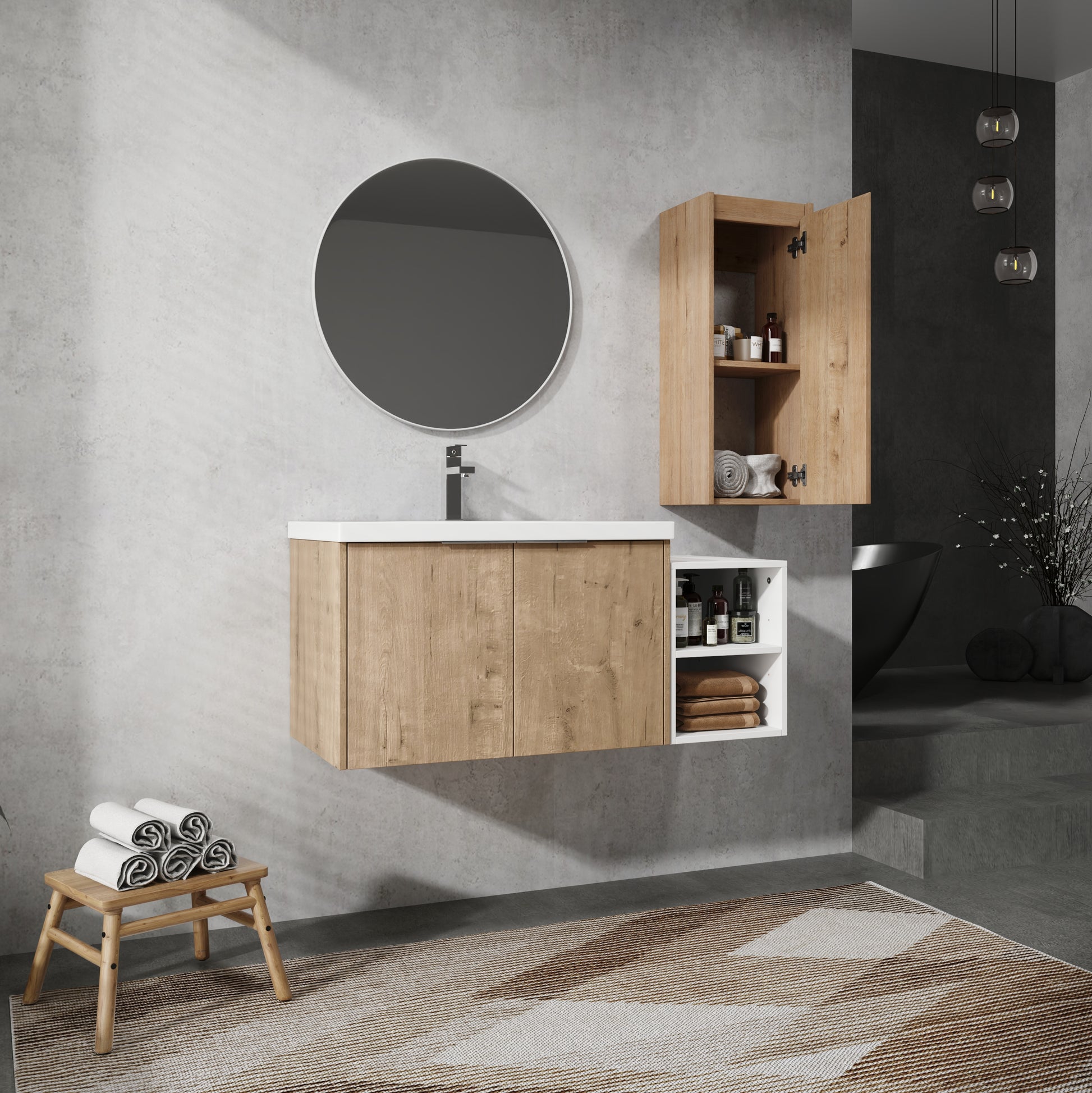 42" Wall Mounted Bathroom Vanity With Sink And Side Cabinet, Soft Close Doors,00112Imo 0630Imo 0612Gwh Combination Cabinet Kd Packing Imitative Oak Bathroom Modern Plywood Plywood