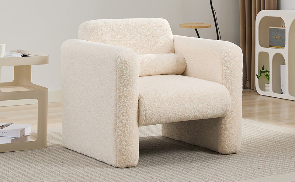 Modern Accent Chair Lambskin Sherpa Fabric Upholstered Comfy Reading Arm Chair Soft Padded Armchair With Back And Pillow For Living Room Bedroom Reception Waiting Room Office, Cream Cream Primary Living Space Upholstered