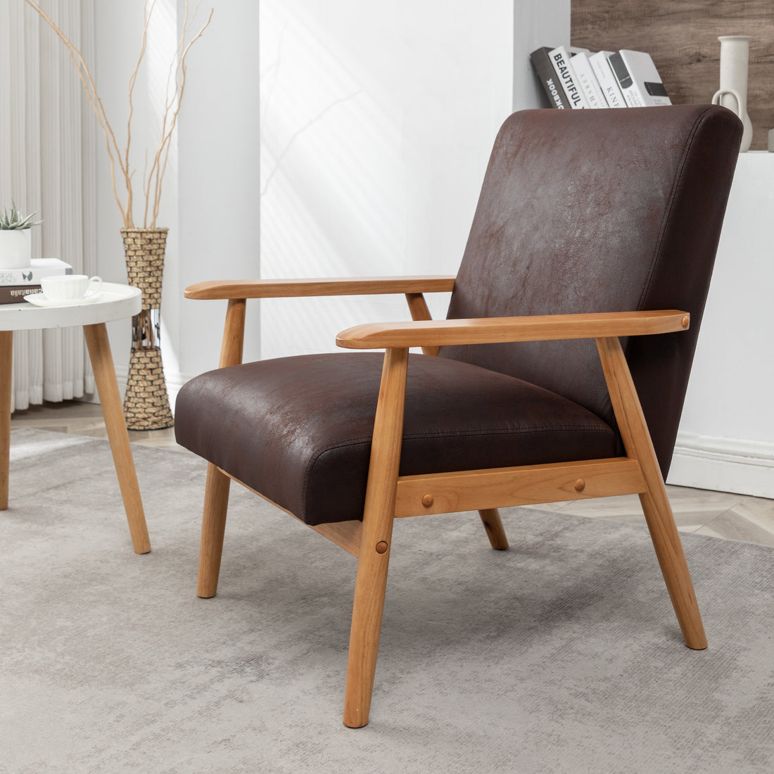 25.38'' Wide Classic Mid Century Modern Arm Chair, Dark Brown Dark Brown Microfiber