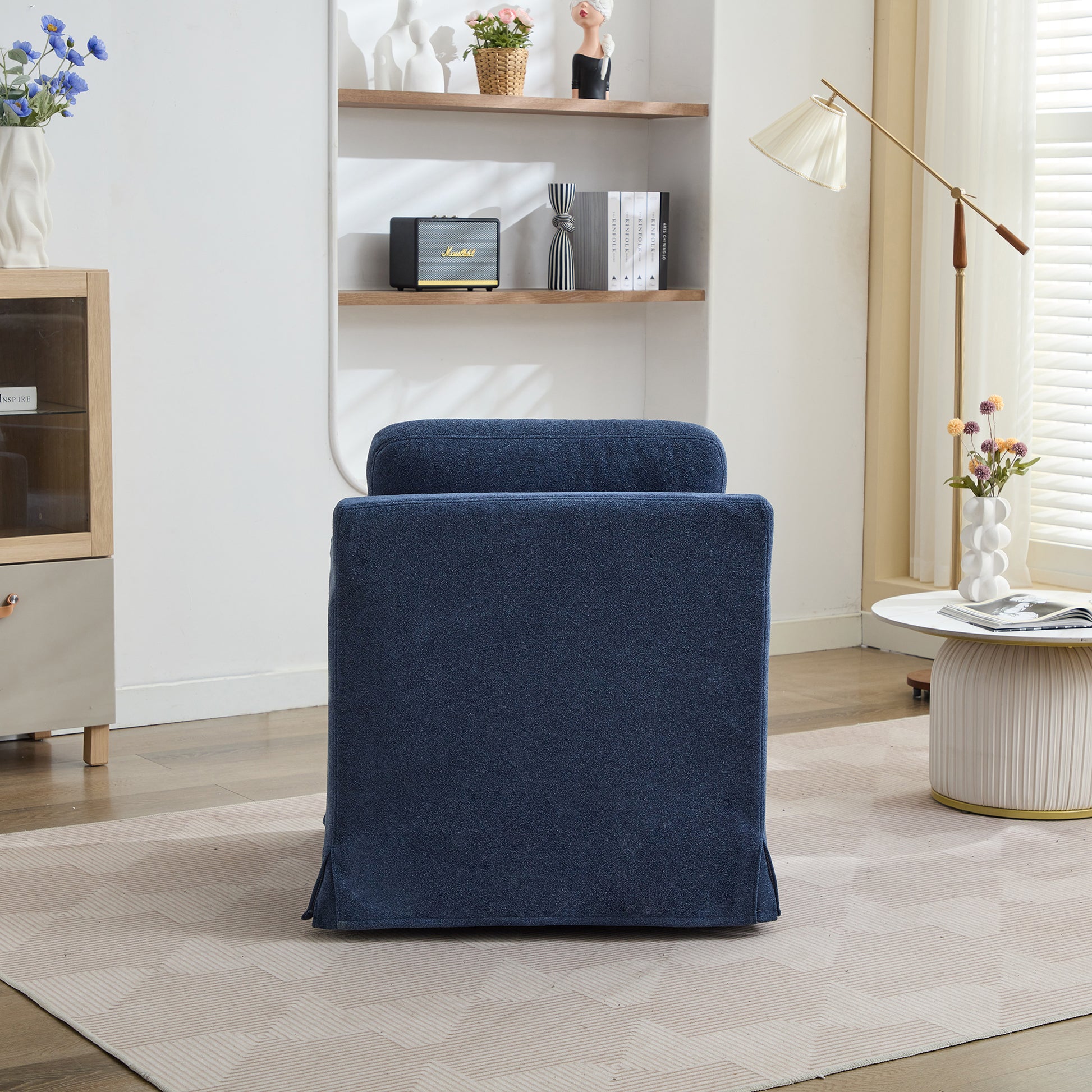 29.92'' Swivel Accent Chair, Upholstered Skirted Swivel Chair With Removable Back Cushion, 360 Degree Comfy Armchair For Living Room, Nursery, Lounge,Office,Navy Chenille Navy Chenille