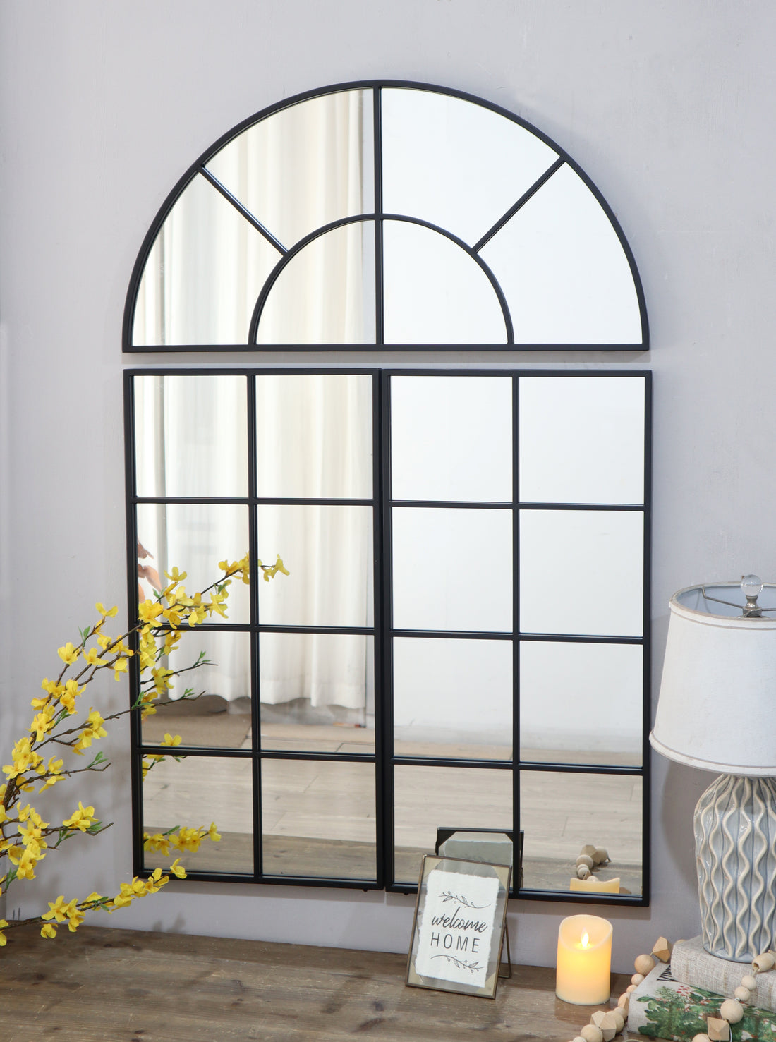 30" X 45" Large Arched Wall Mirror With Three Separate Sections Black Glass Metal