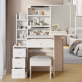 Small Space Left Bedside Cabinet Vanity Table Cushioned Stool, Extra Large Right Sliding Mirror, Multi Layer High Capacity Storage, Practical Fashionable Dresser, Suitable For Girls Up To 5.6Ft Tall