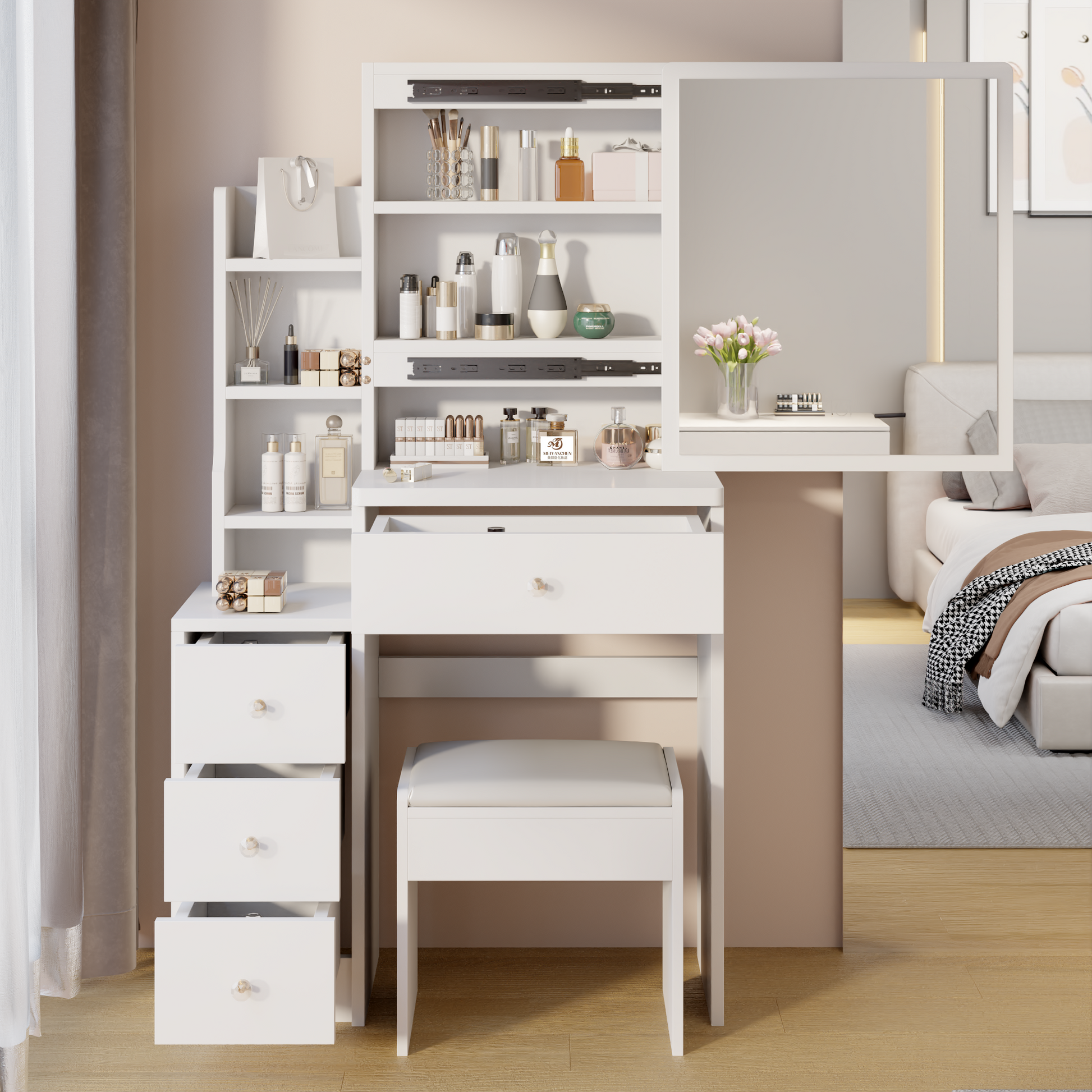 Small Space Left Bedside Cabinet Vanity Table Cushioned Stool, Extra Large Right Sliding Mirror, Multi Layer High Capacity Storage, Practical Fashionable Dresser, Suitable For Girls Up To 5.6Ft Tall
