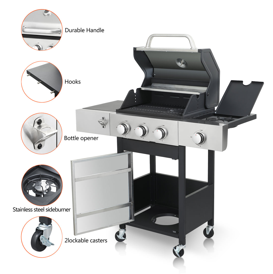 3 Burner Propane Gas Bbq Grill With Side Burner, 37230Btu Output With Enameled Cast Iron Cooking Grids For Outdoor Barbecue, Stainless Steel Black Silver Garden & Outdoor Iron,Stainless Steel