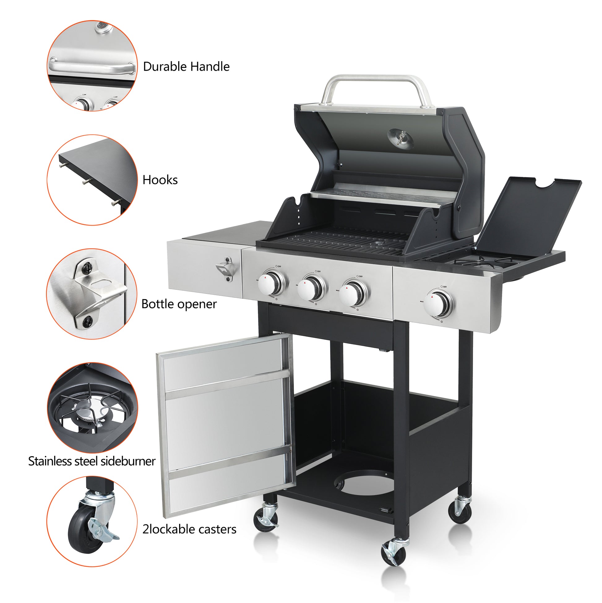 3 Burner Propane Gas Bbq Grill With Side Burner, 37230Btu Output With Enameled Cast Iron Cooking Grids For Outdoor Barbecue, Stainless Steel Black Silver Garden & Outdoor Iron,Stainless Steel