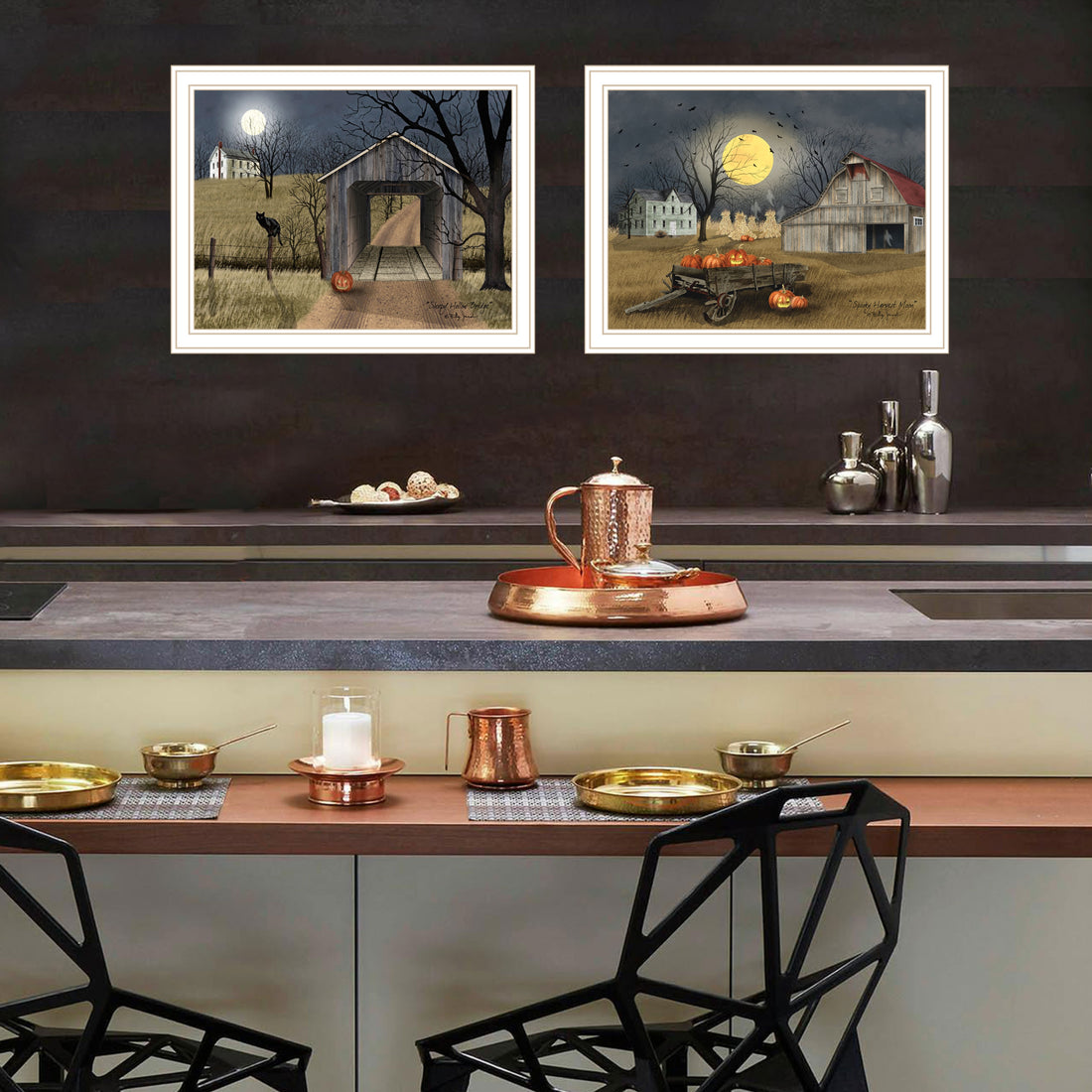 2 Piece Vignette Halloween Season In The Country White Framed Wall Art For Living Room, Bedroom Wall Art Print For Home Decor By Billy Jacobs Multicolor Wood Paper
