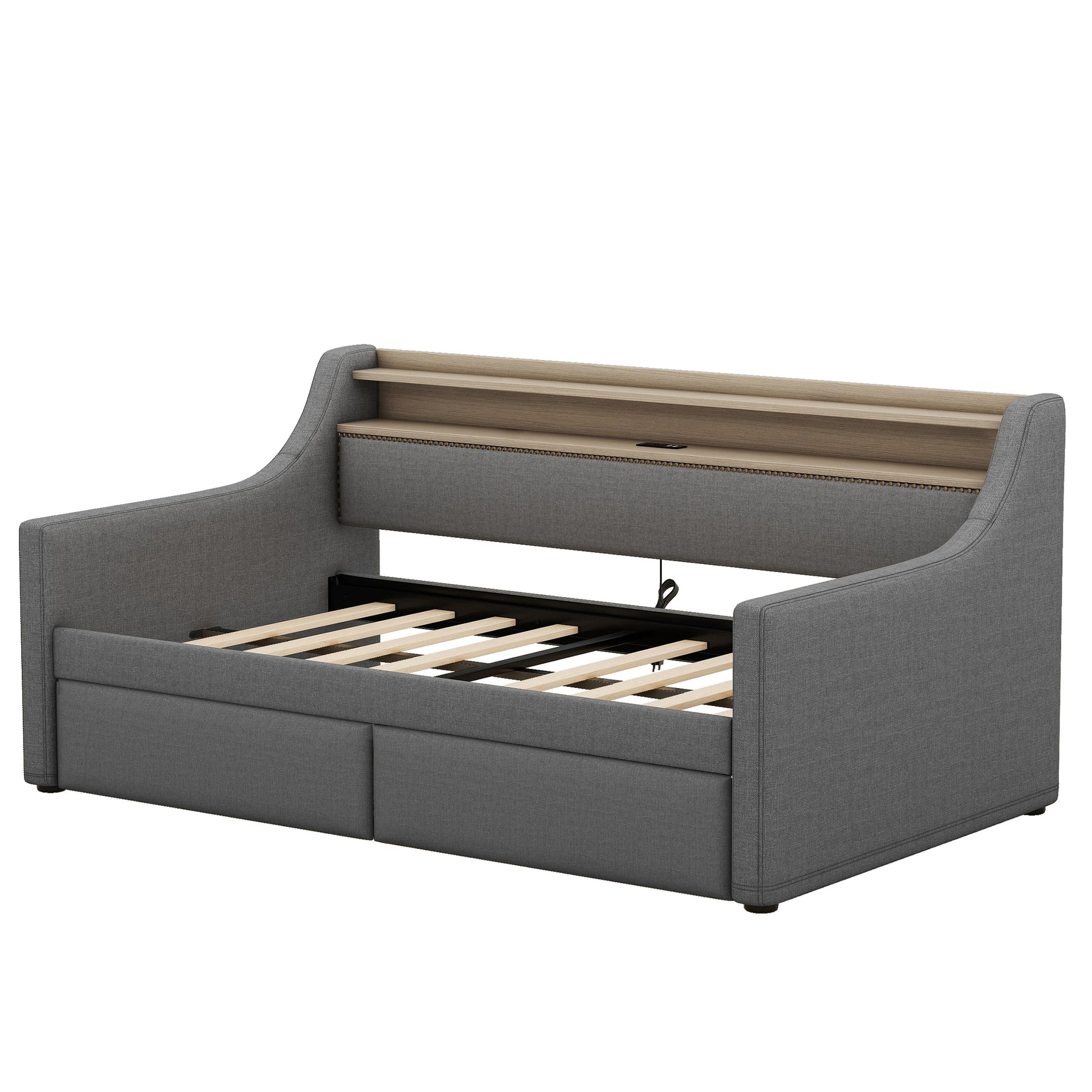 Twin Size Daybed With Storage Drawers, Upholstered Daybed With Charging Station And Led Lights, Gray Old Item W1580S00023 Twin Gray Linen