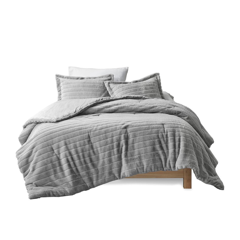 Faux Fur Comforter Set King Grey Polyester