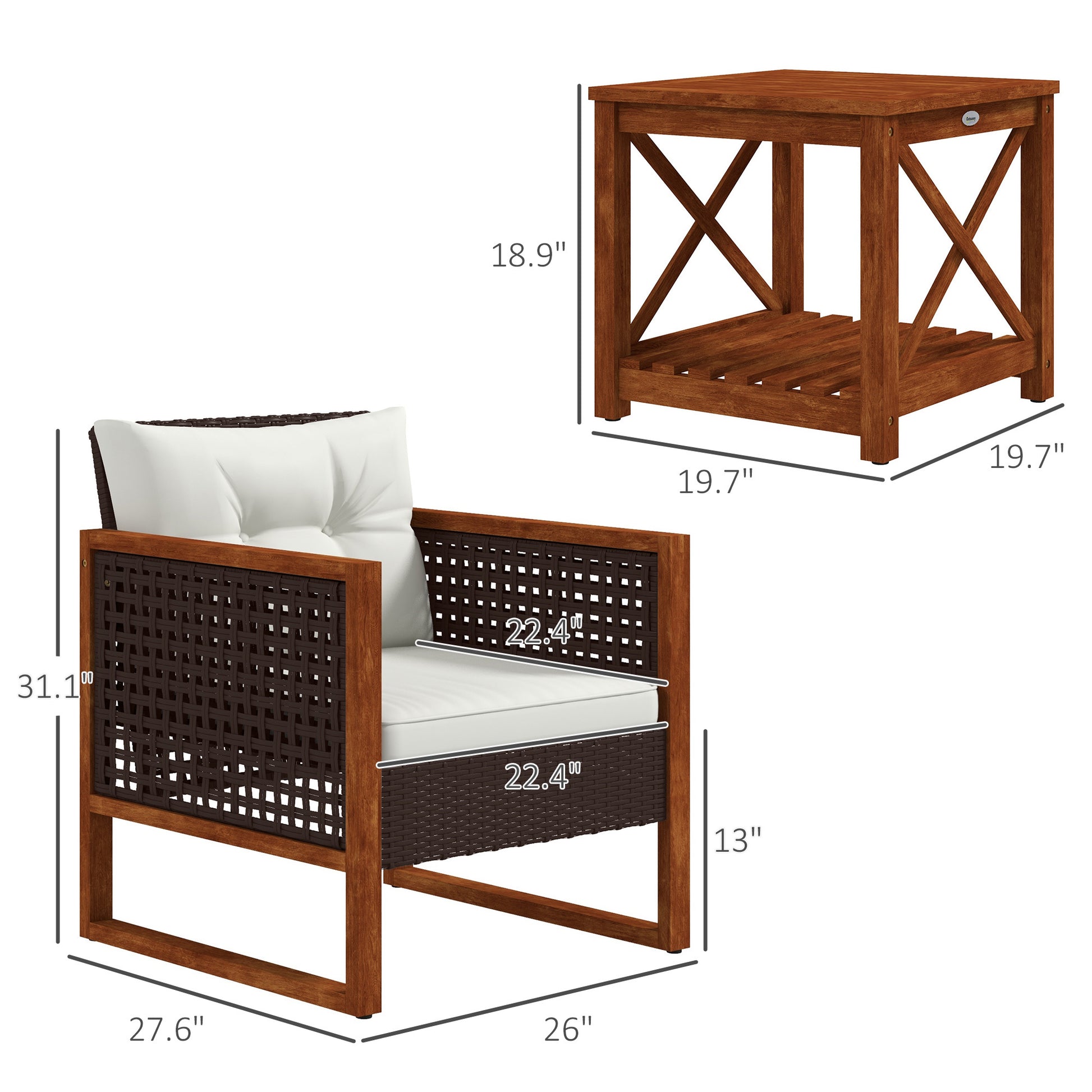 Outsunny 3 Pieces Patio Bistro Set Wooden With Cushions, Pe Wicker Patio Furniture Outdoor For Porch, Backyard, Garden, Brown Brown Rattan Metal