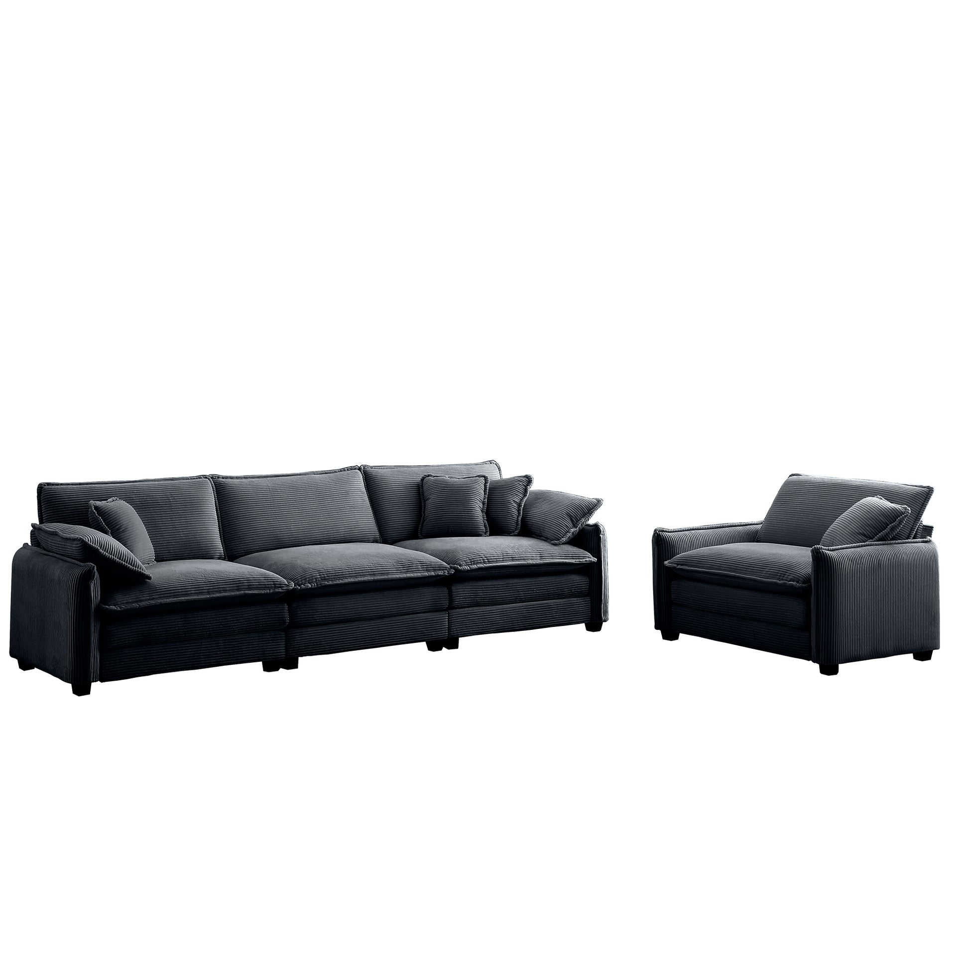 Mid Century Modern Sofa Set Of Two, One 3 Seater Sofa And One Single Seat Sofa With 2 Arm Pillows And 4 Throw Pillows,2 Pieces Sofa Set For Living Room,Grey Corduroy Fabric Grey Corduroy 4 Seat