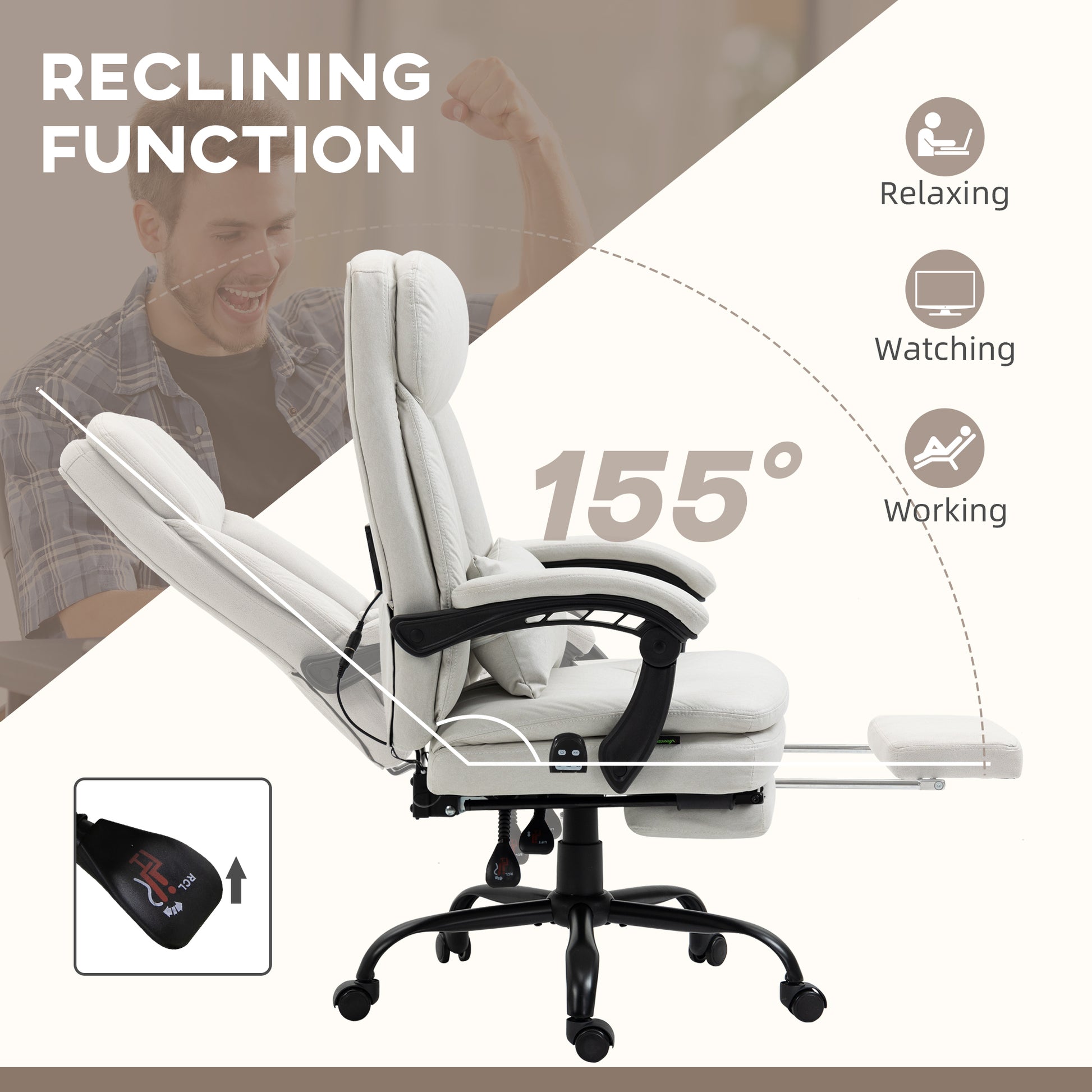Vinsetto Microfibre Executive Massage Office Chair, Swivel Computer Desk Chair, Heated Reclining Computer Chair With Lumbar Support Pillow, Cream White Cream Polyester