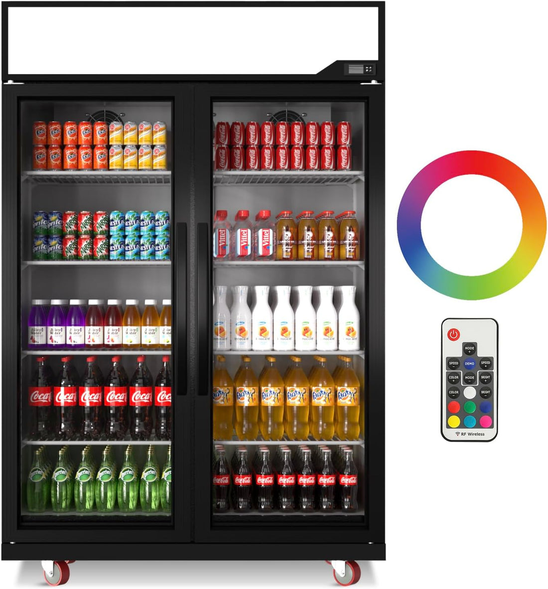 Glass Door Merchandiser Refrigerator 39 Cu.Ft Swing Door Commercial Display Refrigerators Merchandising Refrigeration With Led Top Panel Black Silver Steel