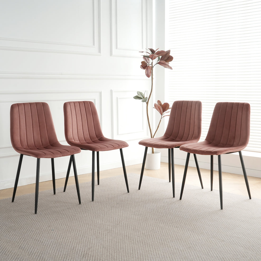 Interior Pink Velvet Dining Chair, Modern Kitchen Dining Chair With Cushion Back, Upholstered Side Chair With Black Coated Metal Legs, Family Kitchen Dining And Living Room Set Of 4 Metal Pink