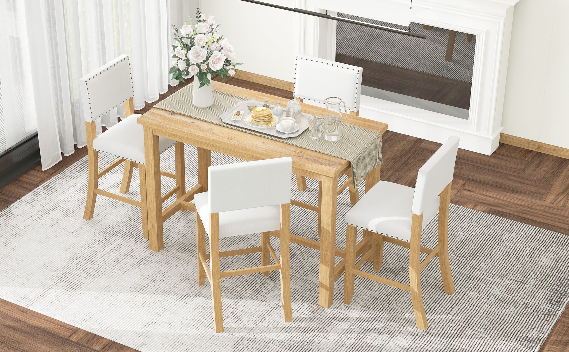 5 Piece Counter Height Dining Set, Classic Elegant Table And 4 Chairs In Natural Wood Wash Natural Wood Wash Solid Wood