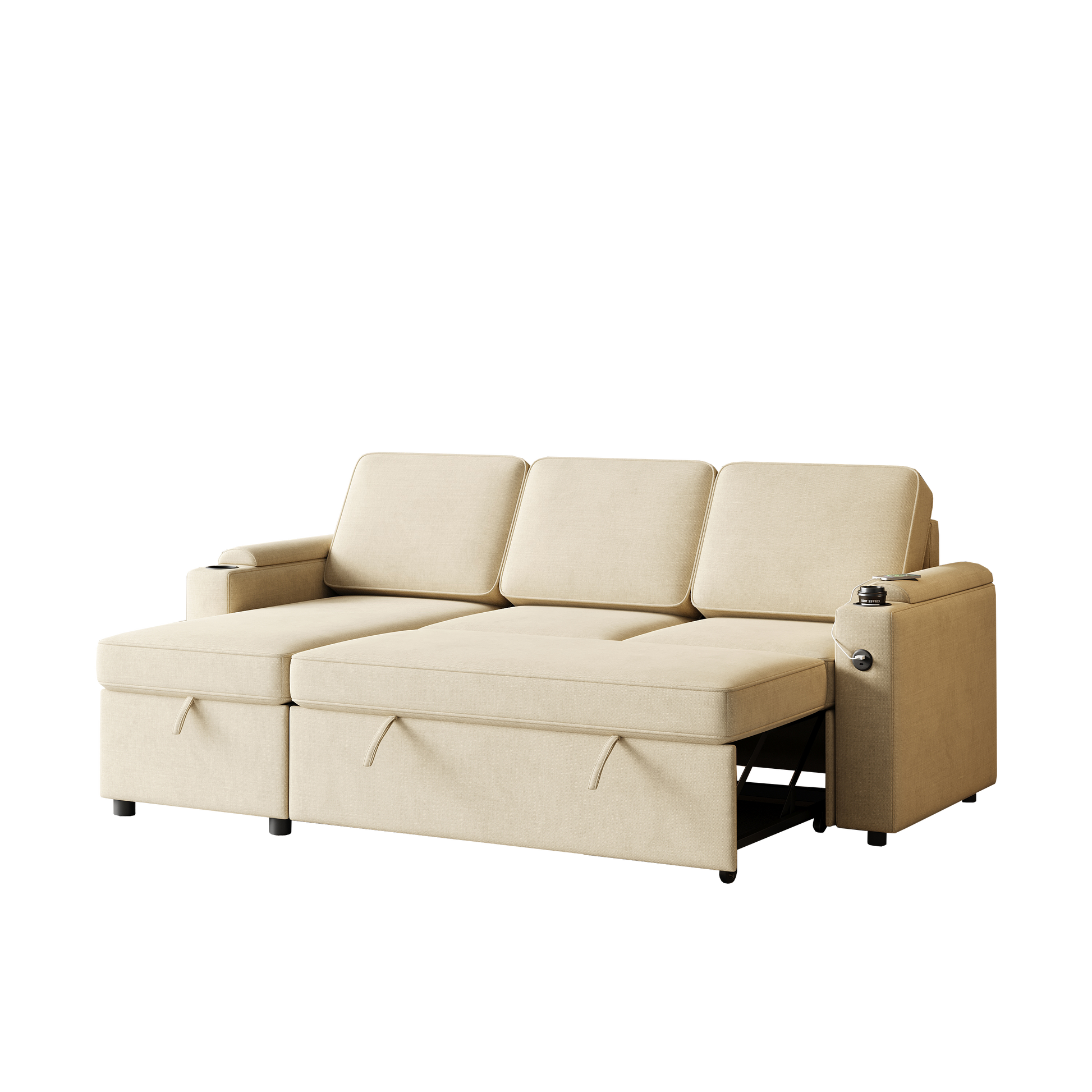 Mh85.8" Sleeper Sofa, Sofa Bed 2 In 1 Pull Out Sofa Bed With Storage Sofa, Sofa Sleeper With Pull Out Bed With Charging Port Beige Primary Living Space Eucalyptus Polyester Fabric 3 Seat