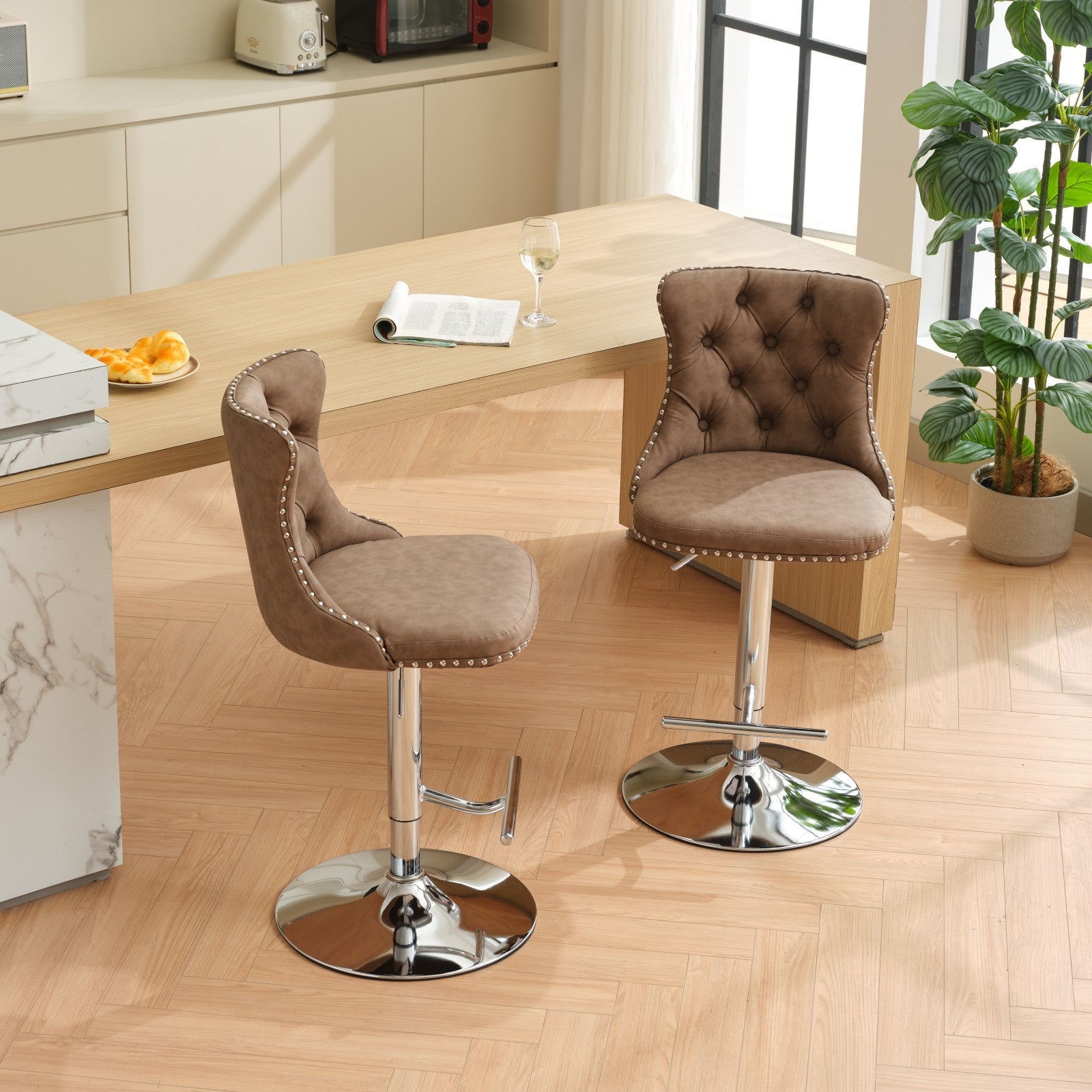 Swivel Pu Leather Barstools Adjusatble Seat Height From 25 33 Inch, Chrome Base Bar Stools With Backs Comfortable Tufted For Home Pub And Kitchen Island, Beige,Set Of 2,1512Br Brown Dining Room American Design Bar Stools Wing Back Set Of 2 Foam Pu