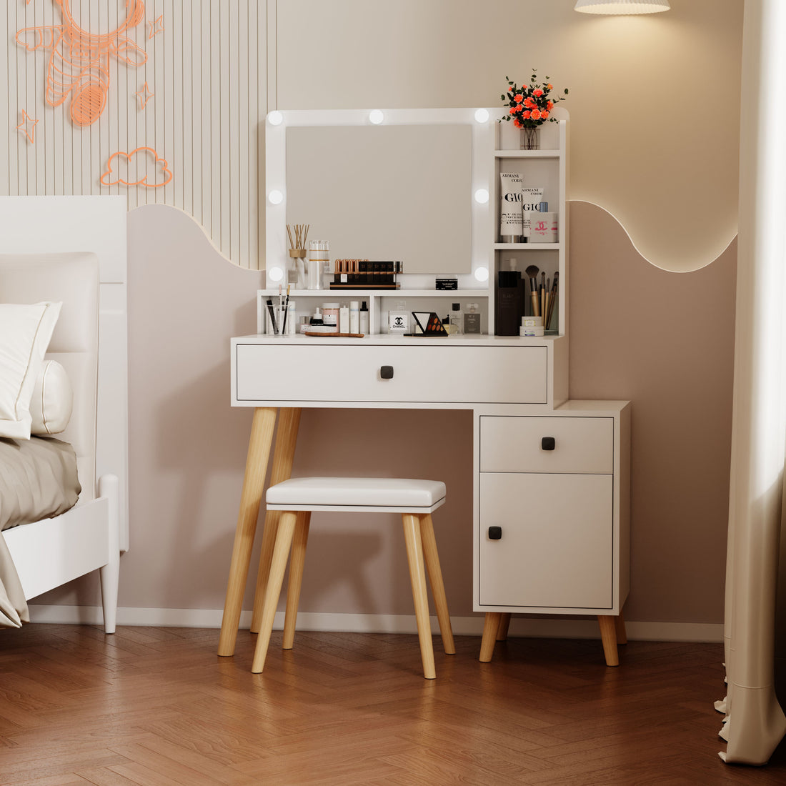 Dressing Table With Hollywood Led Mirror, Light Adjustable Brightness, Dressing Table, Padded Stool Set, White, Wooden Cosmetic Table With Drawer And Storage Cabinet White Drawer 2 Drawers Bedroom Modern 2 Or Less Mirror Included White Particle Board Mdf