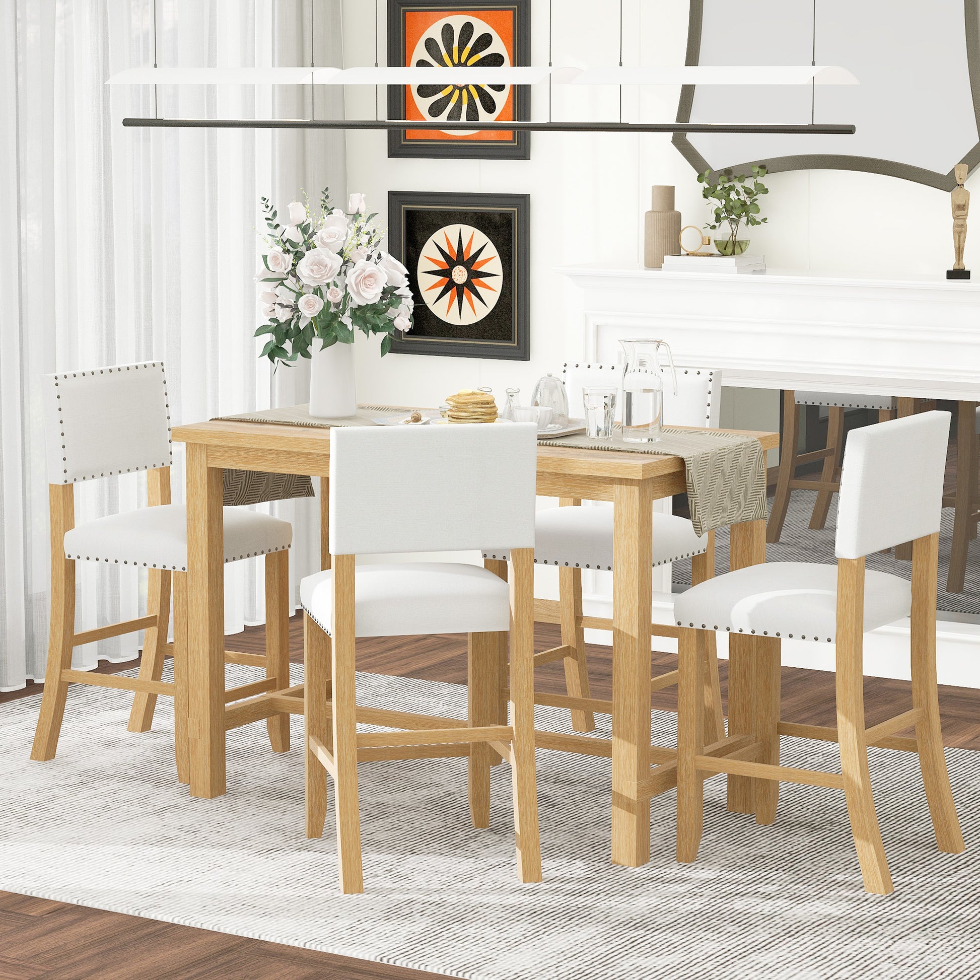 5 Piece Counter Height Dining Set, Classic Elegant Table And 4 Chairs In Natural Wood Wash Natural Wood Wash Solid Wood