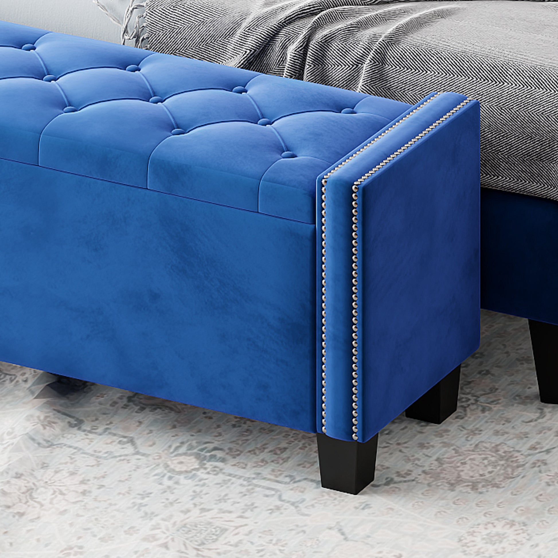 4 Pieces Bedroom Sets Queen Size Upholstered Bed Frame With Rivet Design,Nightstands And Tufted Storage Ottoman,Blue Box Spring Not Required Queen Blue 4 Piece Set Solid Wood Mdf