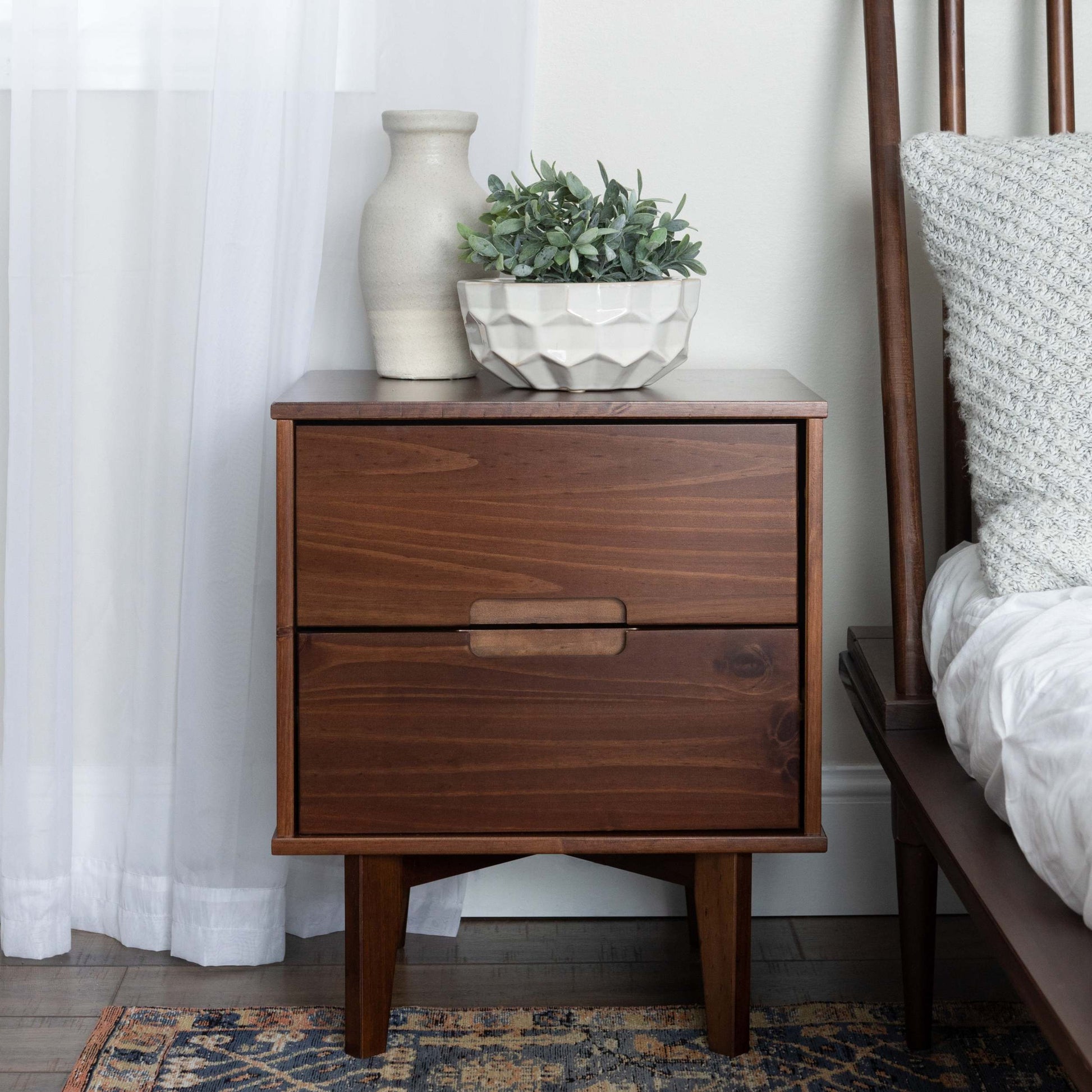 Mid Century Modern 2 Drawer Solid Wood Nighstand With Cutout Handles Walnut Walnut Mdf Pine