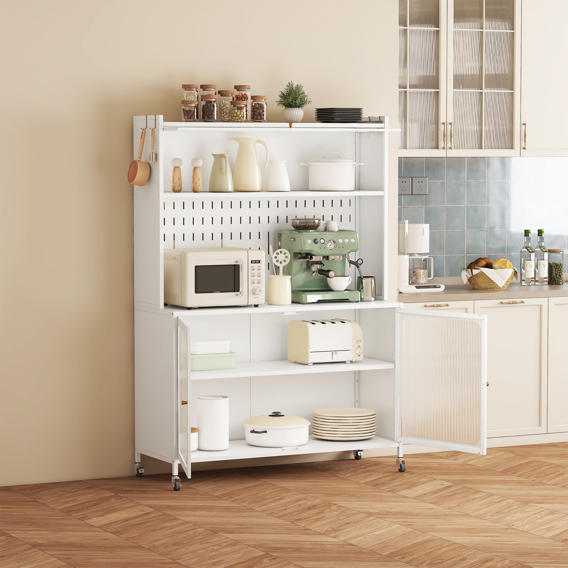 Kitchen Pantry Cabinet, Tall Storage Cabinet With Glass Doors & Adjustable Shelves, Cabinet Cupboard For Kitchen, Living Room, Dinning Room, White White Kitchen Modern Glass Doors Steel