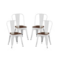 2Pc Contemporary Aesthetic Modern High Gloss White With Walnut Wooden Seat Industrial Metal Dining Chairs White Dining Room Wipe Clean Square Contemporary,Industrial,Modern Dining Chairs Set Of 2