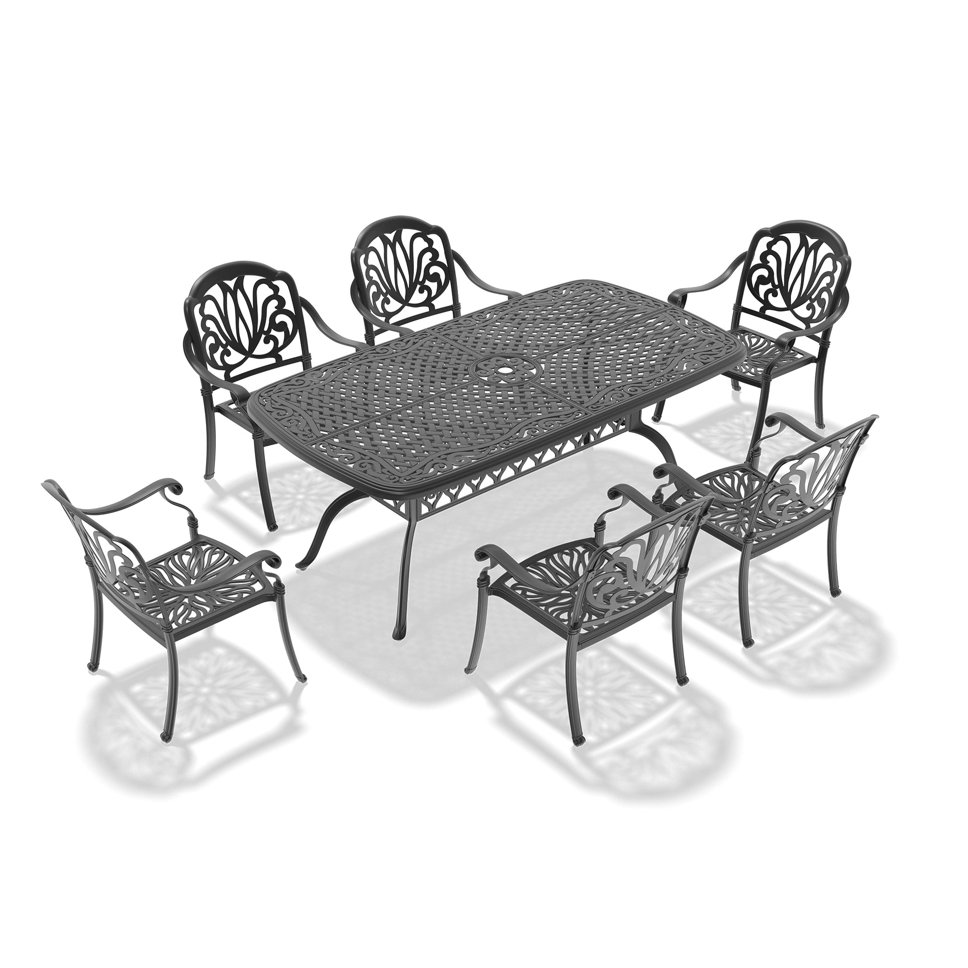 Cushions In Random Colors 7 Piece Set Of Cast Aluminum Patio Furniture With Cushions Yes Dining Set Off White Black Seats 6 Rust Resistant Frame Water Resistant Cushion Garden & Outdoor Complete Patio Sets Aluminium