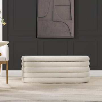 Fuji 49" Upholstered Oval Storage Bench, Ivory White Boucle White Foam Boucle