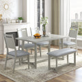 Farmhouse 6 Piece Wood Dining Table Set With 4 Upholstered Chairs And Bench, Gray Gray Wood Dining Room Bench Seating Rubberwood Rectangular Dining Table With Chair And Bench Upholstered Chair Wood Gray Solid Back Seats 6 Farmhouse Trestle Foam Solid