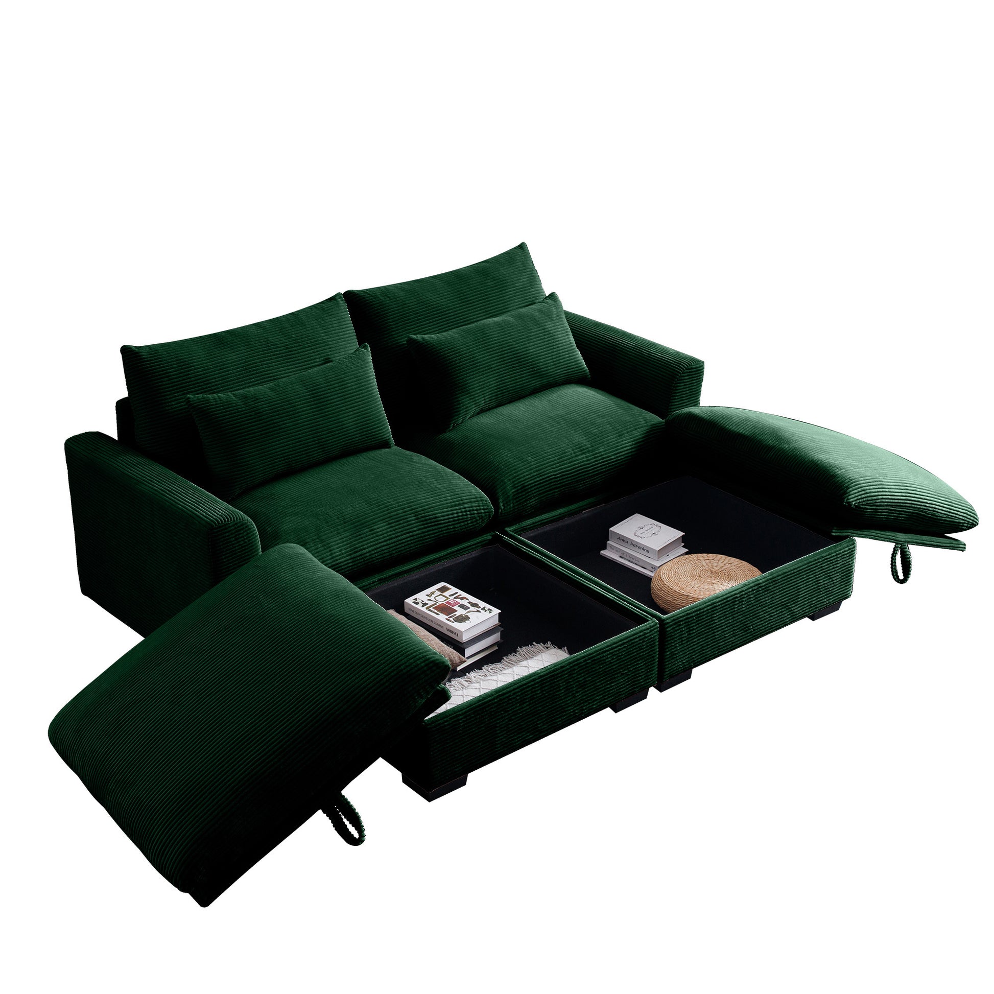 Corduroy Two Seater Sofa With 2 Storage Footrest,2 Seater Sectional Deep Seat Sofa,Comfy Couches For Living Room,Green Sofa Green Corduroy 2 Seat