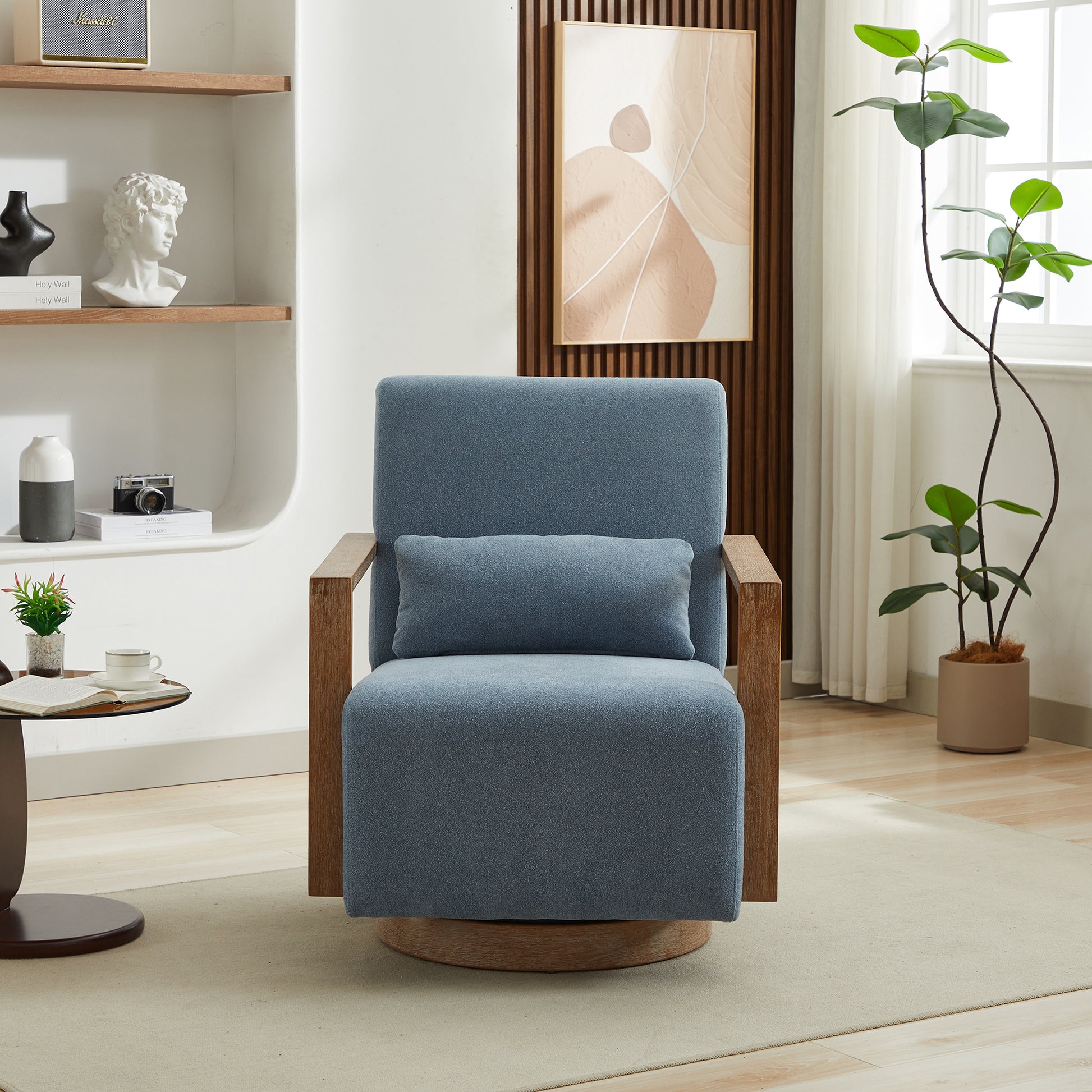 30.3"W Swivel Modern Upholstered Accent Chair With Solid Wood Armrests And 360 Degree Comfy Lounge Reading Chair, Side Armchair For Hotel, Bedroom, Living Room, Office, And Nursery Room.Pale Blue Blue Linen Blend