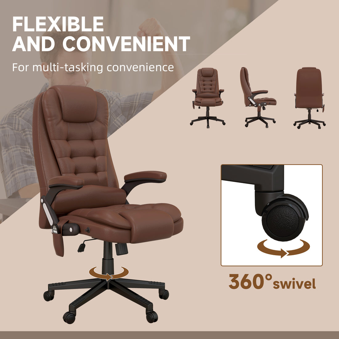 Homcom High Back Vibration Massage Office Chair With 6 Vibration Points, Heated Reclining Pu Leather Computer Chair With Armrest And Remote, Brown Brown Pu