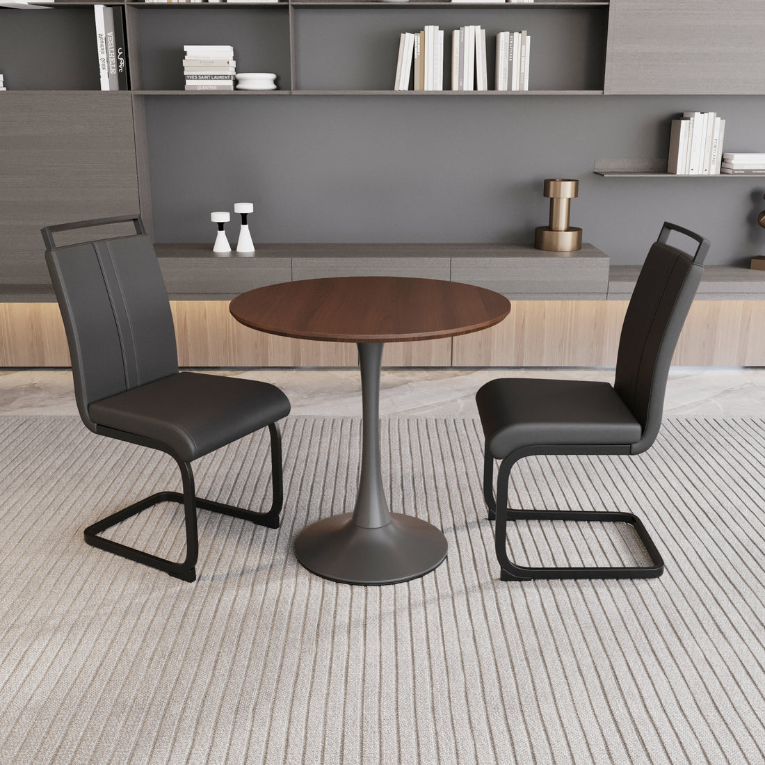 Walnut Circular Dining Table, 31.5 "Tulip Dining Table, Kitchen Dining Table For 2 4 People, Mdf Tabletop And Base, And 2 Black Pu Black Metal Leg Dining Chairs Set 2 Walnut Mdf