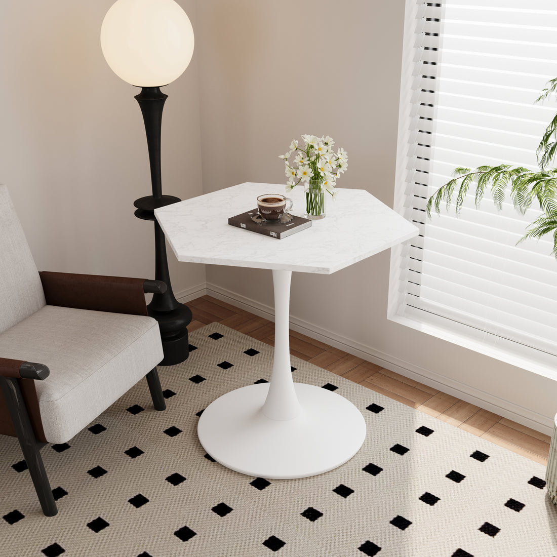 31.50" Modern Hexagonal Coffee Table With White Printed Marble Top And Metal Base For Dining Room, Kitchen And Living Room White Marble Mdf Metal