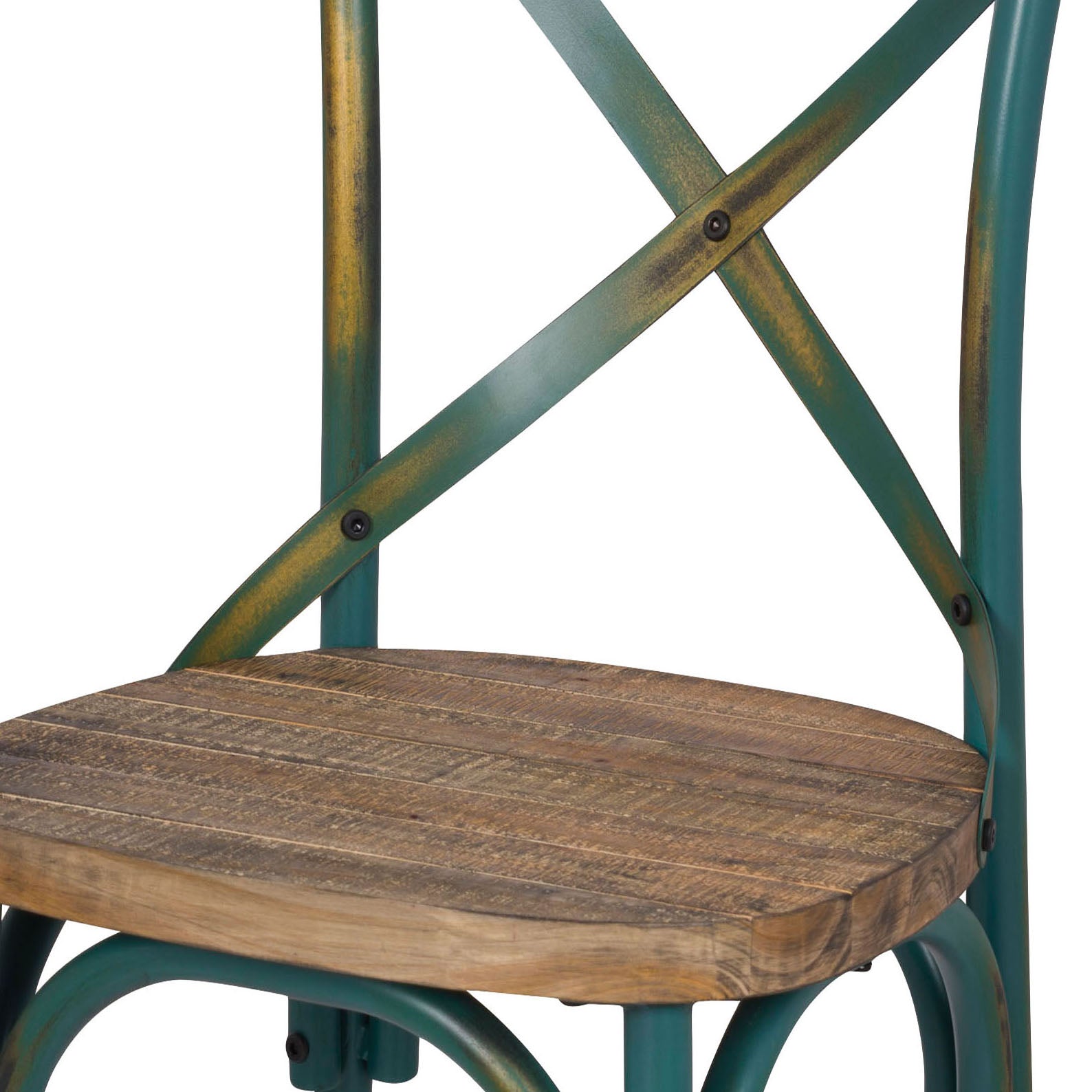 Antique Turquoise And Antique Oak Cross Back Side Chair Turquoise Primary Living Space Rustic Fir Wood Metal