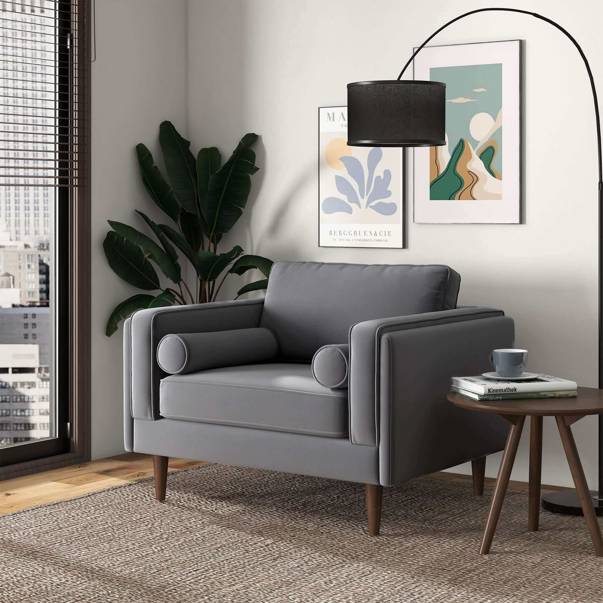Amber Grey Velvet Lounge Chair Brown,Gray Brown Mid Century Modern Foam Solid Wood,Velvet
