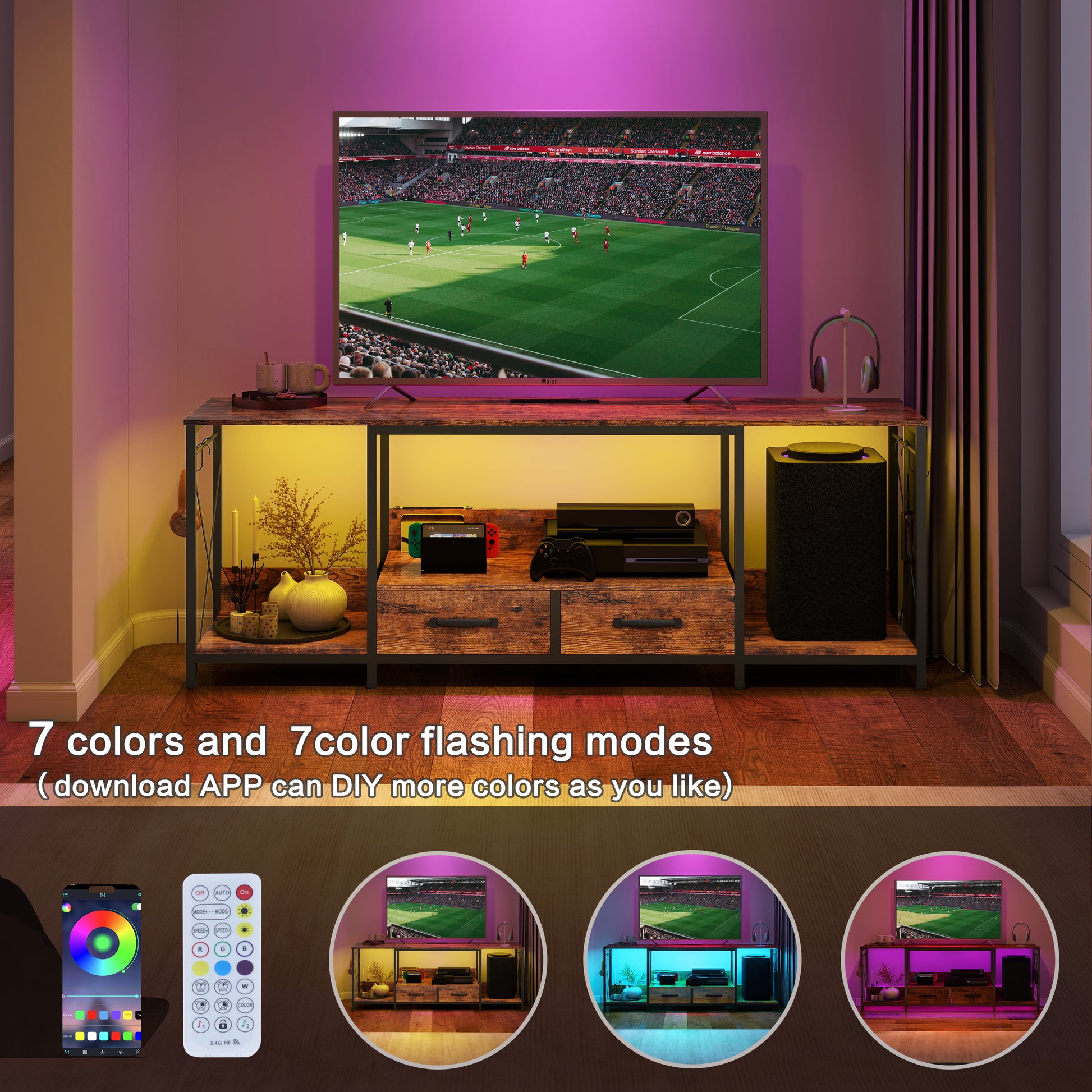 Tv Stand With Led Lights Power Outlets Tv Stand With Fabric Drawers For 65 70 75 Inches Tv Entertainment Center And Industrial Tv Console Table With Open Storage Shelves For Living Room, Bedroom