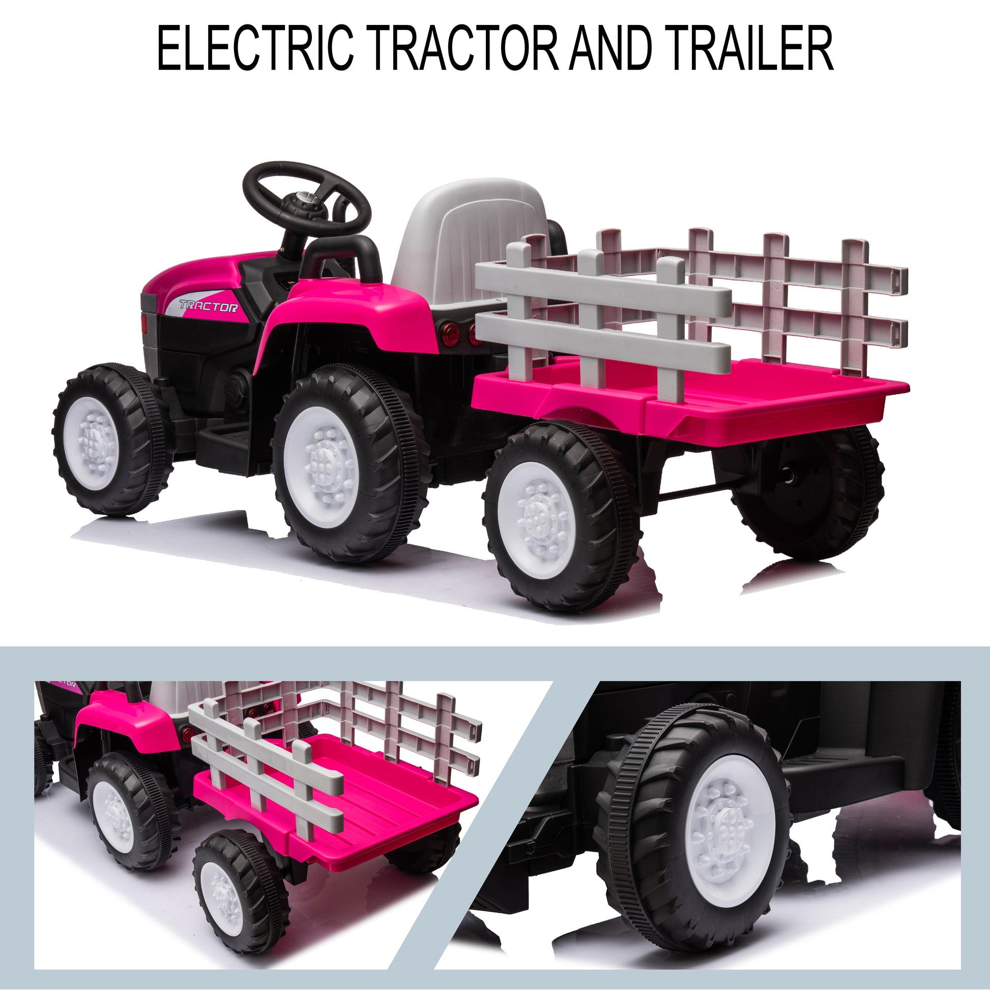 Pink, 12V7Ah Battery Powered Toy Tractor With Trailer, Remote Control, Kids' Electric Excavator Vehicles With 2X35W Dual Motor, Treaded Tires, Led Lights, Usb, Music, Safety Belt Gift Childrens Day