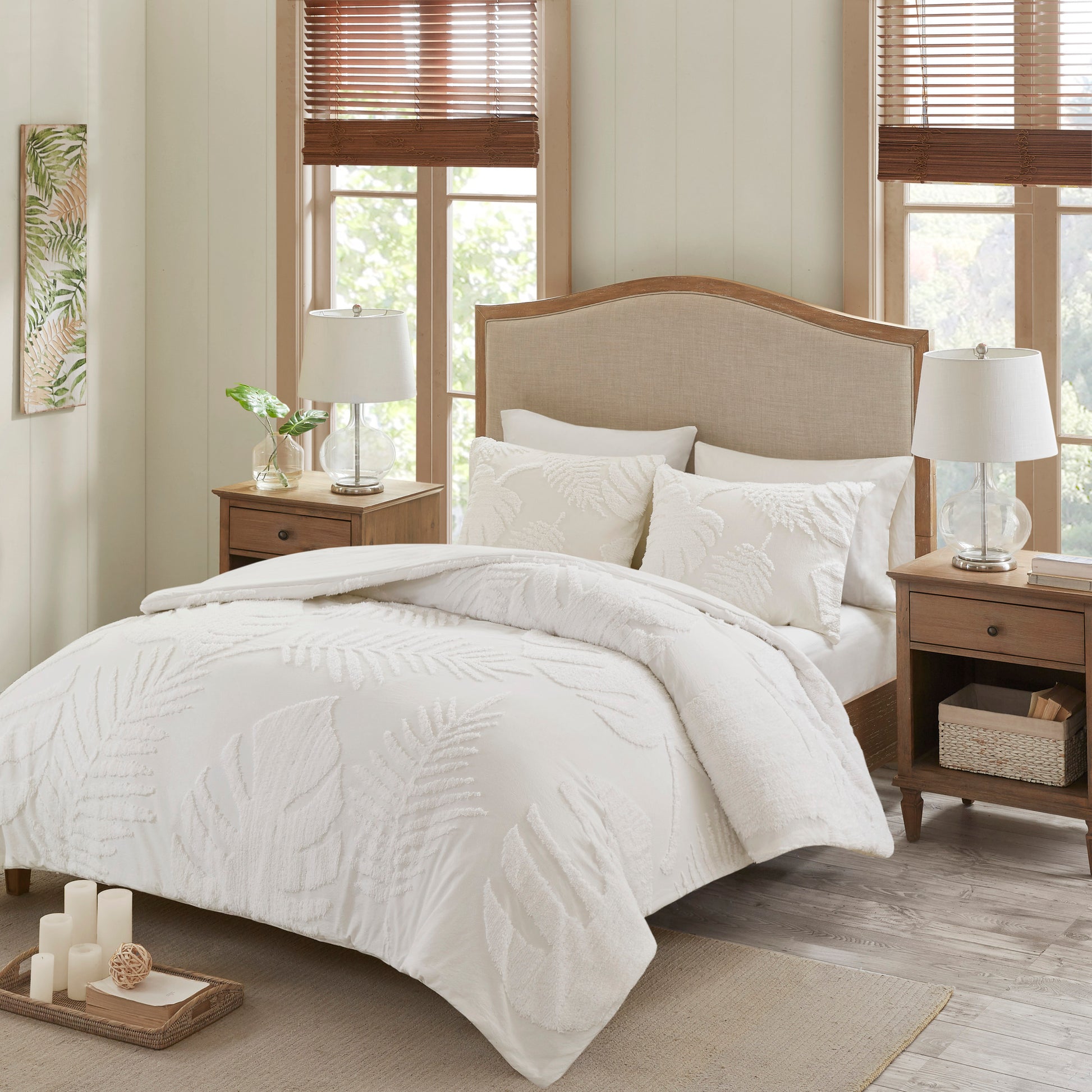 3 Piece Tufted Cotton Chenille Palm Comforter Set Off White King Cal King King Off White Cotton