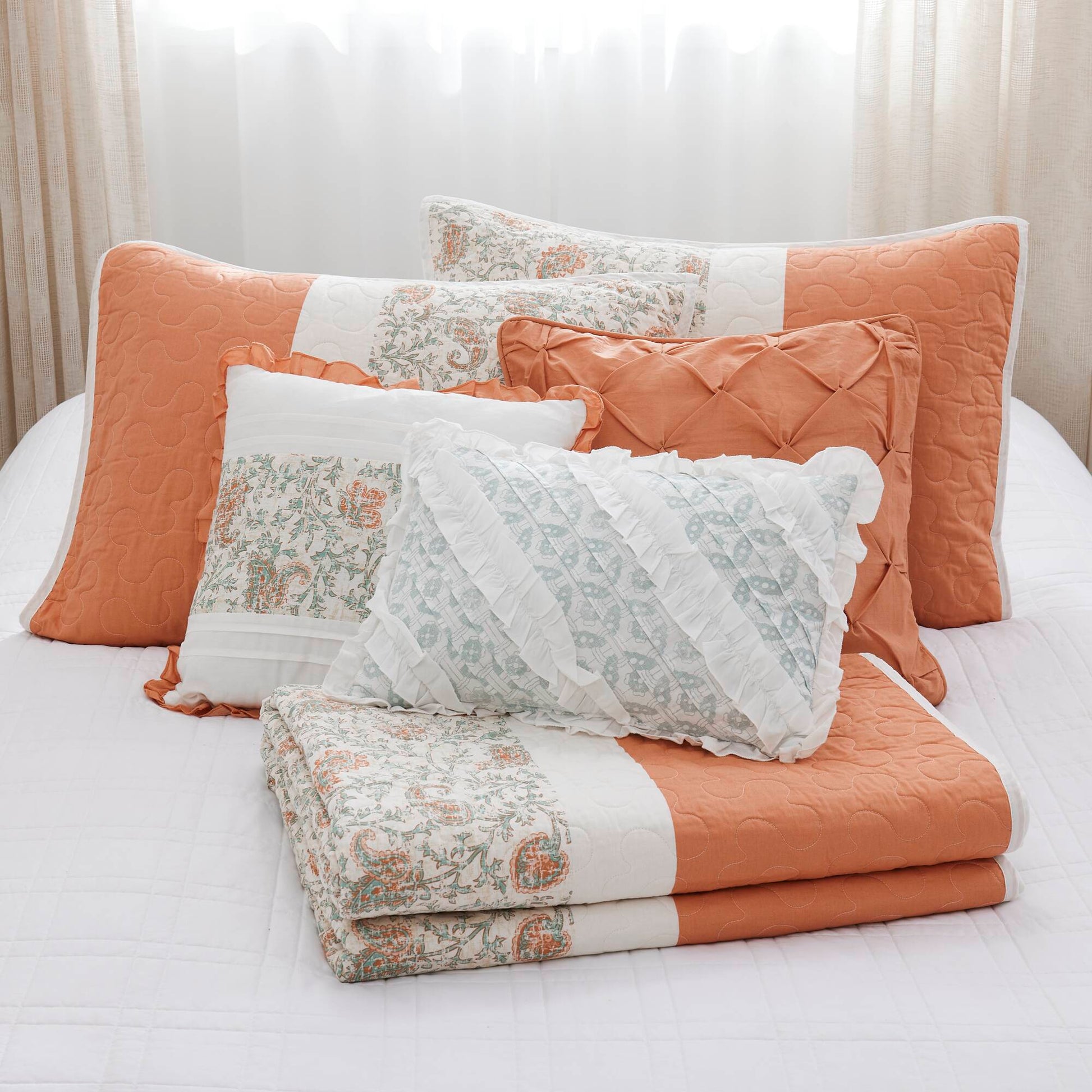 6 Piece Cotton Percale Quilt Set With Throw Pillows Coral Full Queen Full Coral Polyester