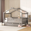 Full Size Wooden House Bed With Twin Size Trundle, Gray Full Gray Solid Wood Mdf