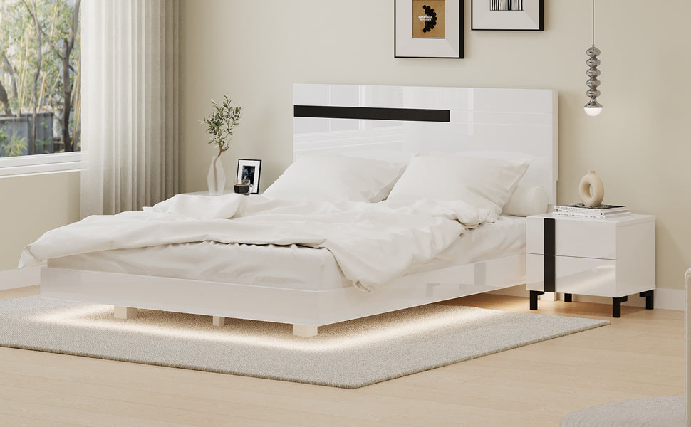 Modern High Gloss 3 Piece Bedroom Set Floating Bed Frame Queen Size Platform Bed With Led Light & 2 Nightstands, White Box Spring Not Required Queen White Wood 3 Piece Set Solid Wood Mdf
