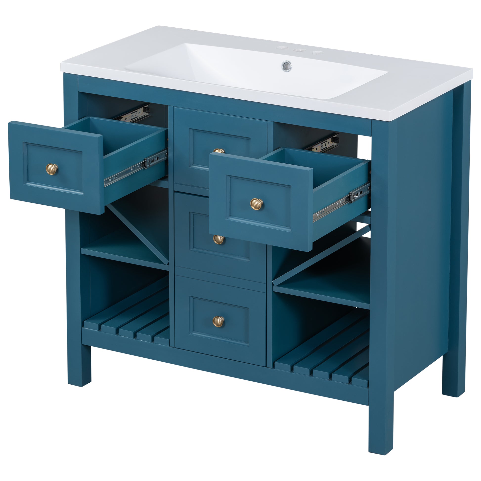 36'' Bathroom Vanity With Resin Sink Combo, Solid Wood Frame Bathroom Storage Cabinet, Freestanding Vanity Set With 5 Drawers& Soft Closing Doors Same As Sw000141Aam Blue Bathroom Solid Wood Mdf Resin