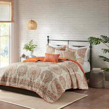 6 Piece Reversible Quilt Set With Throw Pillows Orange Full Queen Orange Cotton