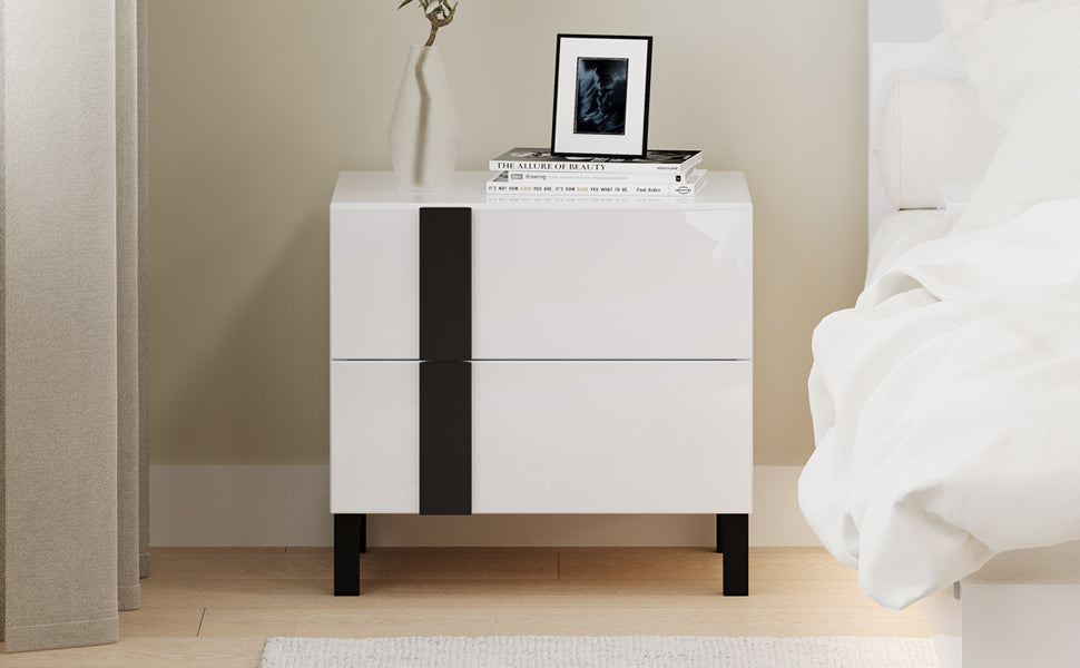 Modern High Gloss 3 Piece Bedroom Set Floating Bed Frame Queen Size Platform Bed With Led Light & 2 Nightstands, White Box Spring Not Required Queen White Wood 3 Piece Set Solid Wood Mdf