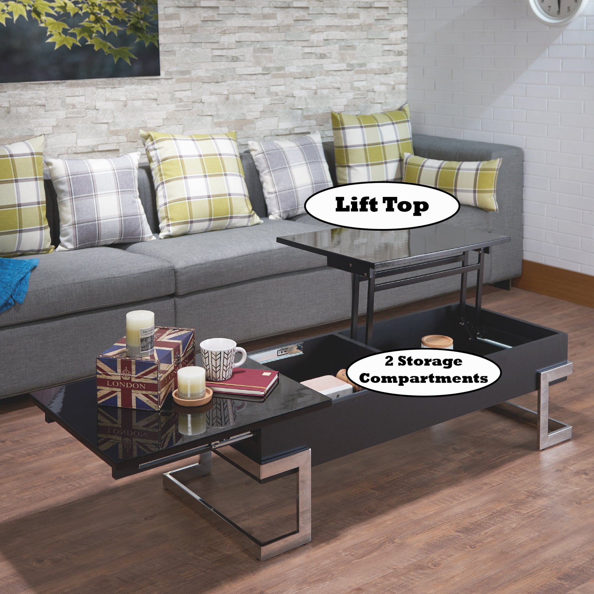Calmam Black High Gloss & Chrome Finish Coffee Table W Lift Top Black Synthetic Wood