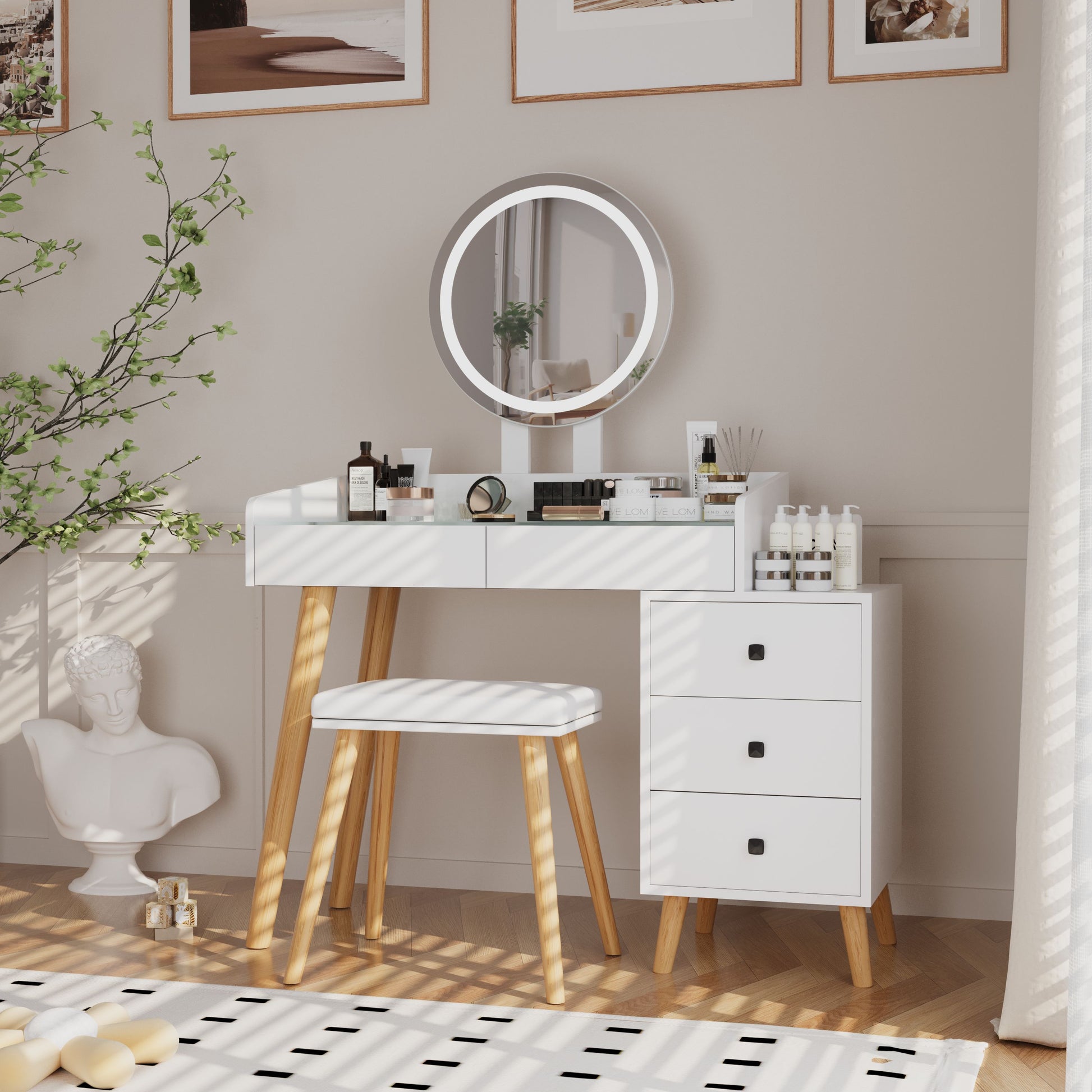 Dressing Table With Led Lights Glass Top Dressing Table With Extendable Side Table 5 Drawers Dressing Table With Mirror And Stool For Bedroom White Drawer 5 Drawers & Above Bedroom Modern Mirror Included White Particle Board Mdf