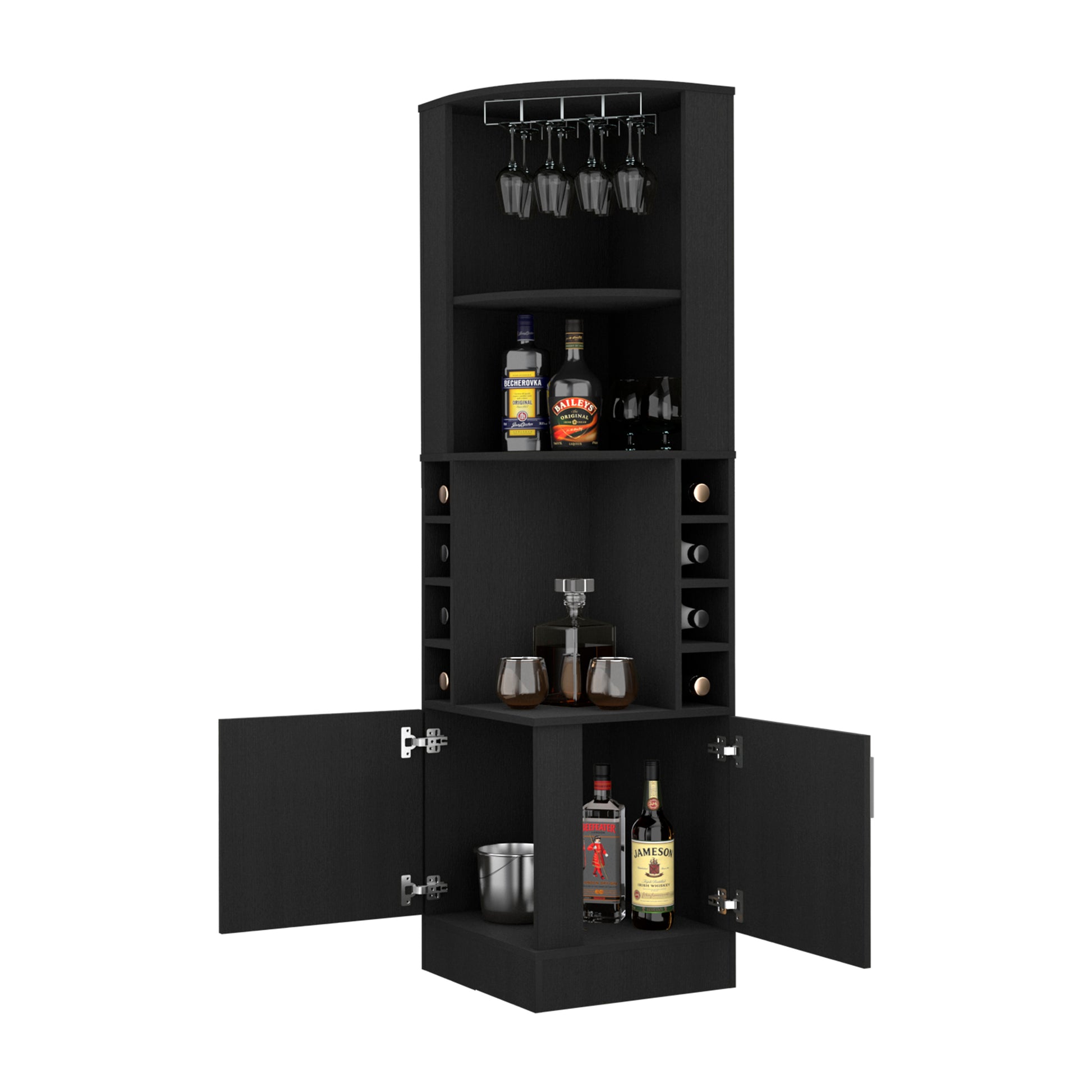Corner Bar Cabinet, Double Door Cabinet, Glass Rack, Eight Built In Wine Rack, Black Black Solid Wood Mdf Engineered Wood