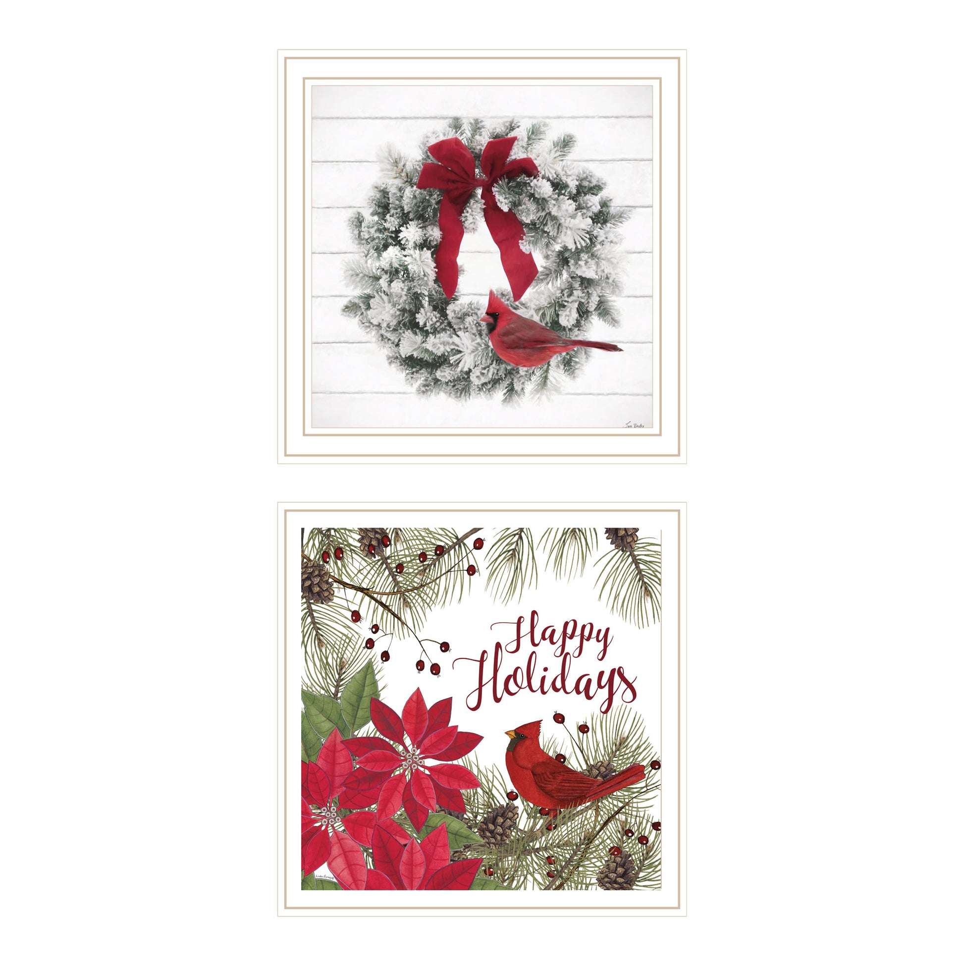 2 Piece Vignette Cardinal Wreath White Framed Wall Art For Living Room, Bedroom Wall Art Print For Home Decor By Linda Spivey Multicolor Wood Paper