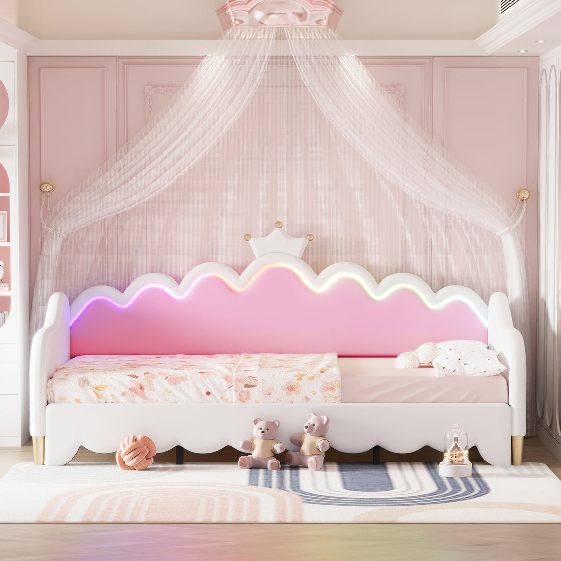 Twin Extending Daybed With Led Lights, Modern Upholstered Princess Daybed With Crown Headboard,White Twin White Wood
